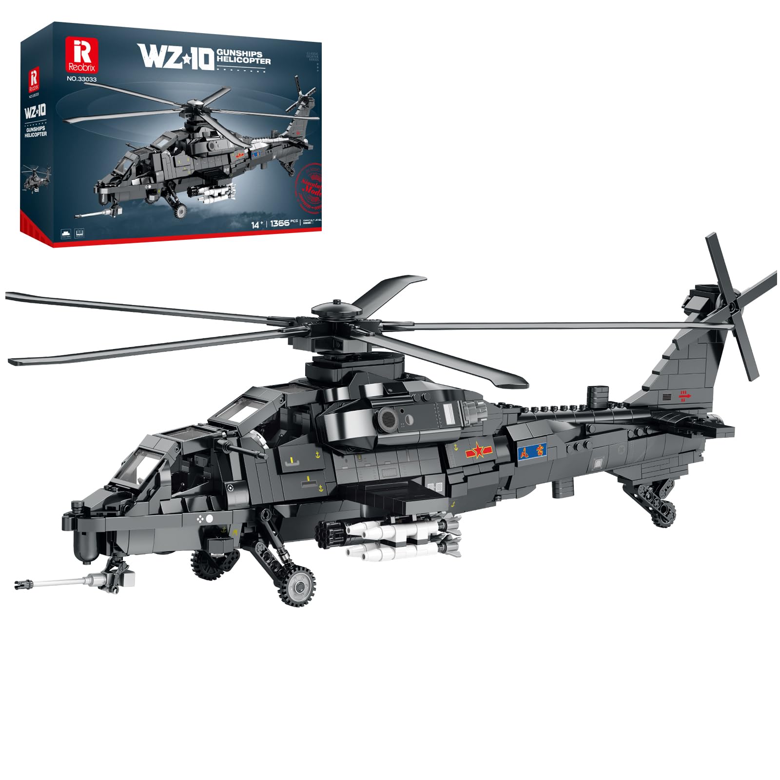 Reobrix WZ-10 Helicopter Building Block Toy for Adults, Military Combat Army Plane Model, 33033 Technical Military Aircraft Airplane Hobby Collectible Construction Brick Gifts for Teens 14+(1366Pcs)