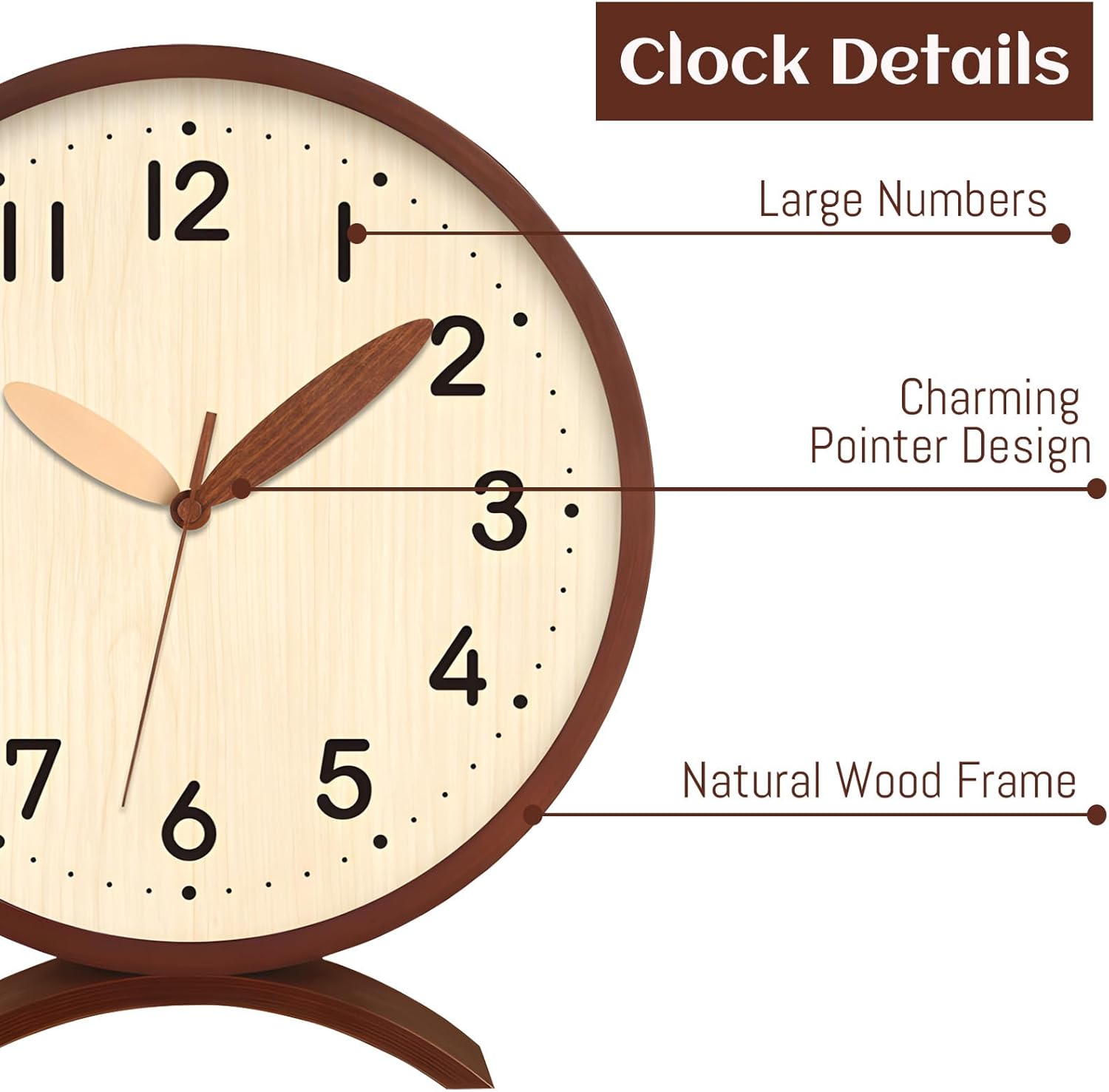 Maxspace Table Clock-8 Inch Silent Non-Ticking Wooden Timepiece Desk Clock, Battery Operated Decor Round Clock for Living Room Office Bedroom Decor (Walnut - Log)