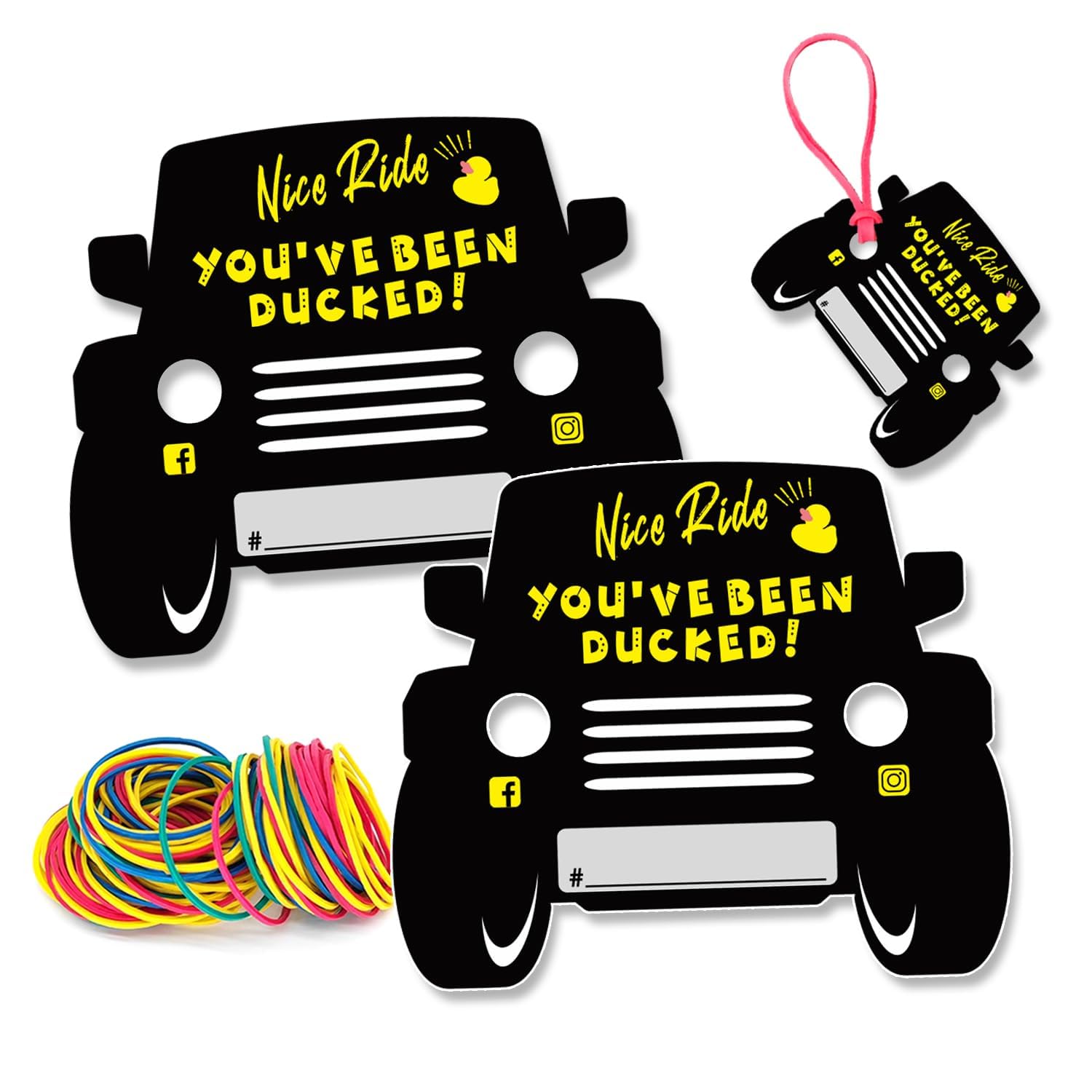 Duck Tags, You've Been Ducked, Duck Ducking Game Cards, 35Pack with Round Hole and Rubber Bands, Design and SUV (BK)