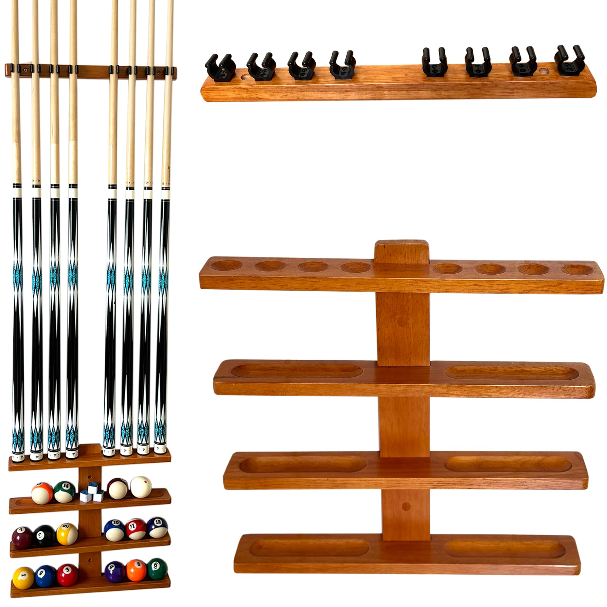 GACCO BILLIARDS Wall-Mounted Pool Stick Holder, All Handicraft Hardwood Rack for 8-Cue Storage, Billiard Accesories Organizer (OAK)