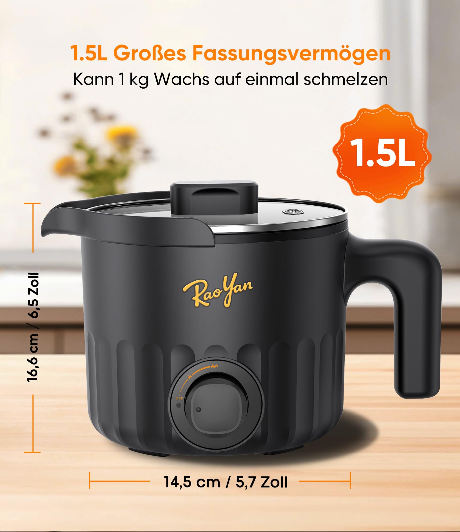 RAOYAN Wachsschmelzer mit Ausgießer 1,5L – Kerzen selber machen Set für Anfänger & Erwachsene, inkl. Wachsschmelztopf, Rührlöffel, Thermometer, Dochte, Aufkleber & Zentriervorrichtung - Schwarz