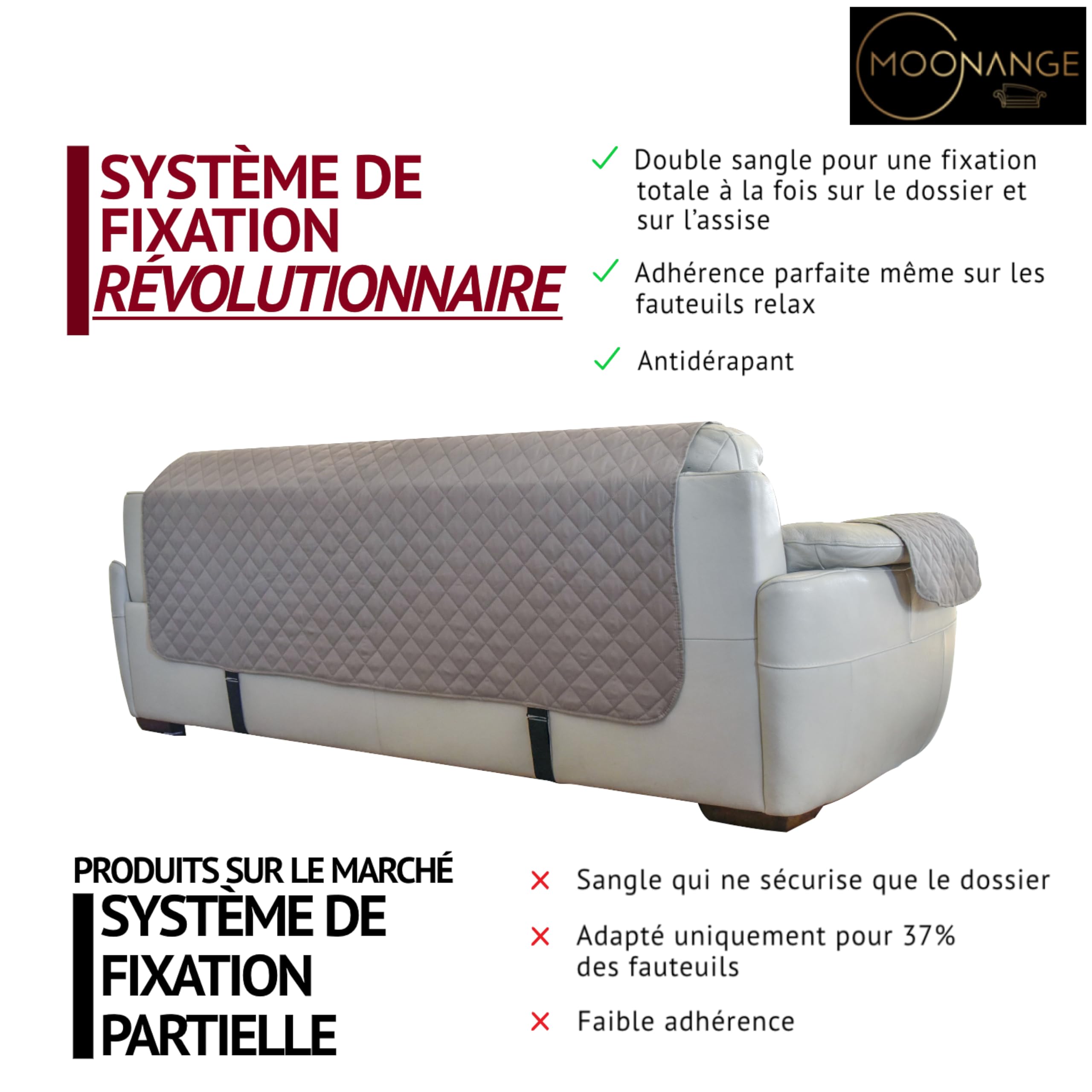 Moonange Housse de canapé 3 Places 165 cm Imperméable Réversible Antidérapante Taupe