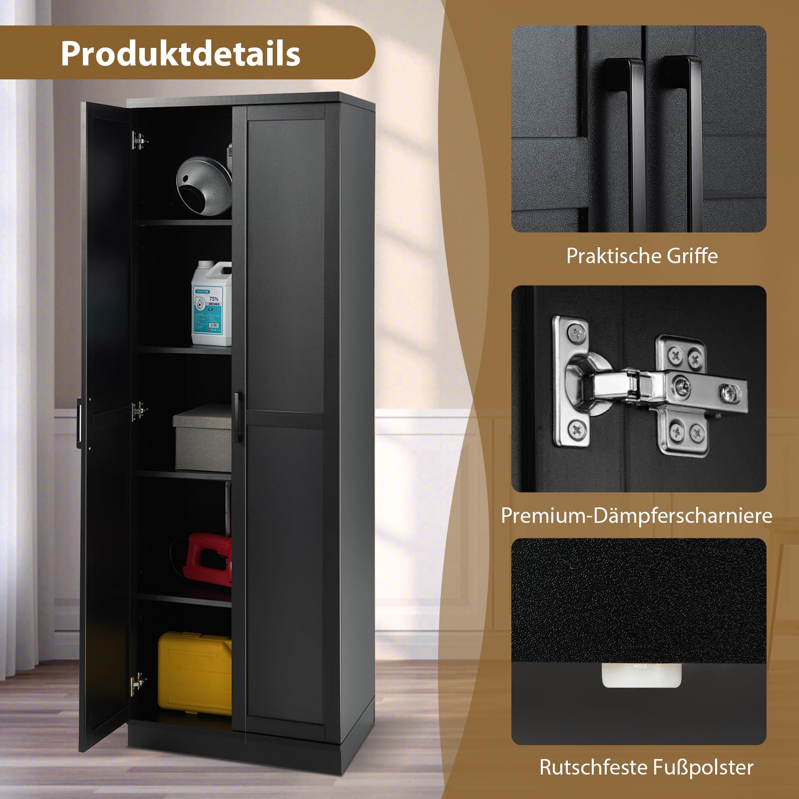 COSTWAY 5 stöckiger Küchenschrank 178cm, Hochschrank Küche mit 2 Türen & verstellbaren Regalen, Vorratsschrank freistehend, Aufbewahrungsschrank für Küche, Schlafzimmer, Badezimmer (Schwarz)