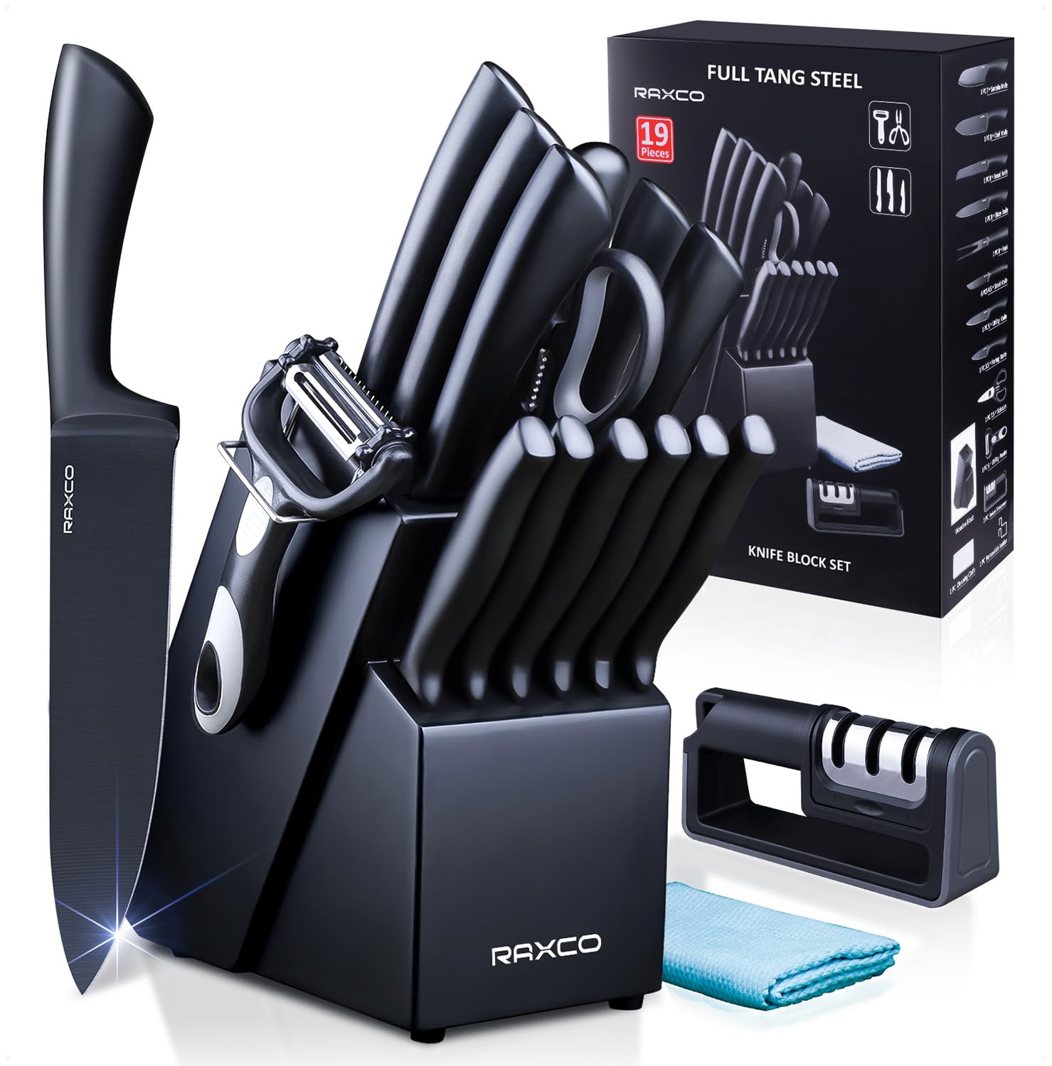 RAXCOKnife Set,Knife Sets for Kitchen with Block & Sharpener,Kitchen Knife Block Set