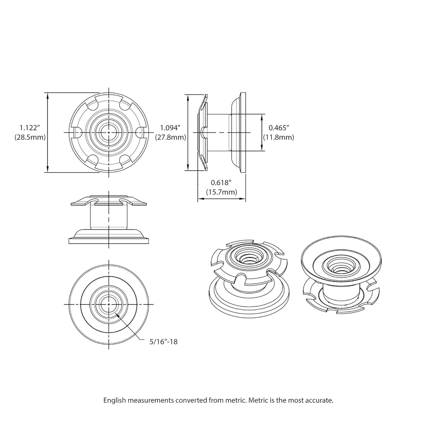 Outwater Industries Metal Threaded Single Star Type Leveler Inserts for 1-1/8 Inch Round Tubing, Heat Treated Steel and Zinc Plated Base, Fits Round 16-18 Gauge Tube, Thread: 5/16-18, 20 Pack