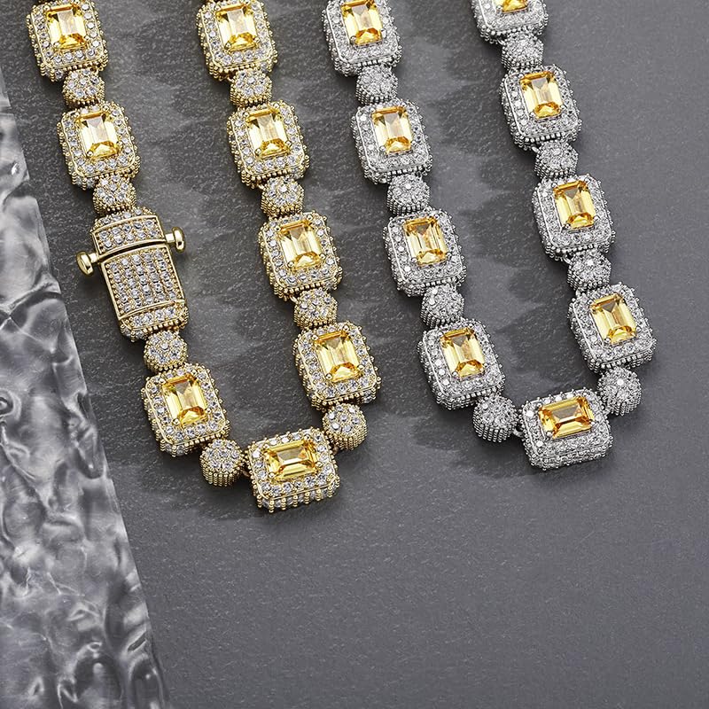 Solid Gold over S925 Sterling Silver Square Moissanite Yellow Gemstone Necklace, Hip Hop Tennis Chain, Men's Fashion Gift - Image 5