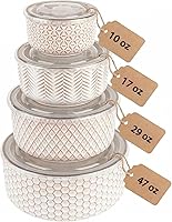 KooK Narbonne Ivory Ceramic Nesting Serving Bowls Set of 4 with Lids - Embossed, Stackable, Microwave & Dishwasher Safe 10-47oz