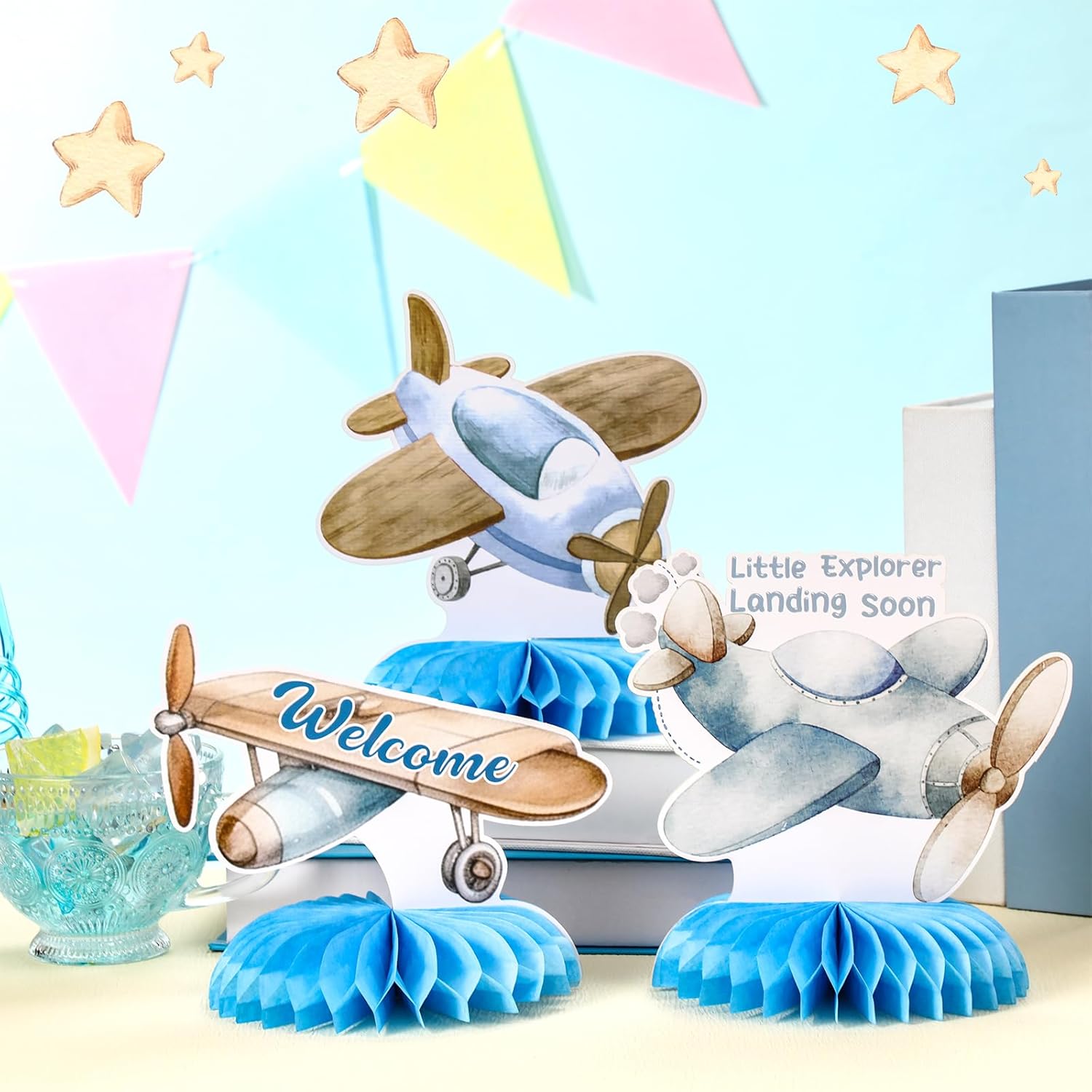 12 Pcs Airplane Party Decorations Blue Honeycomb Centerpieces Airplane Table Decoration Little Explorer Landing Soon Table Topper for Birthday Party Favors Supplies