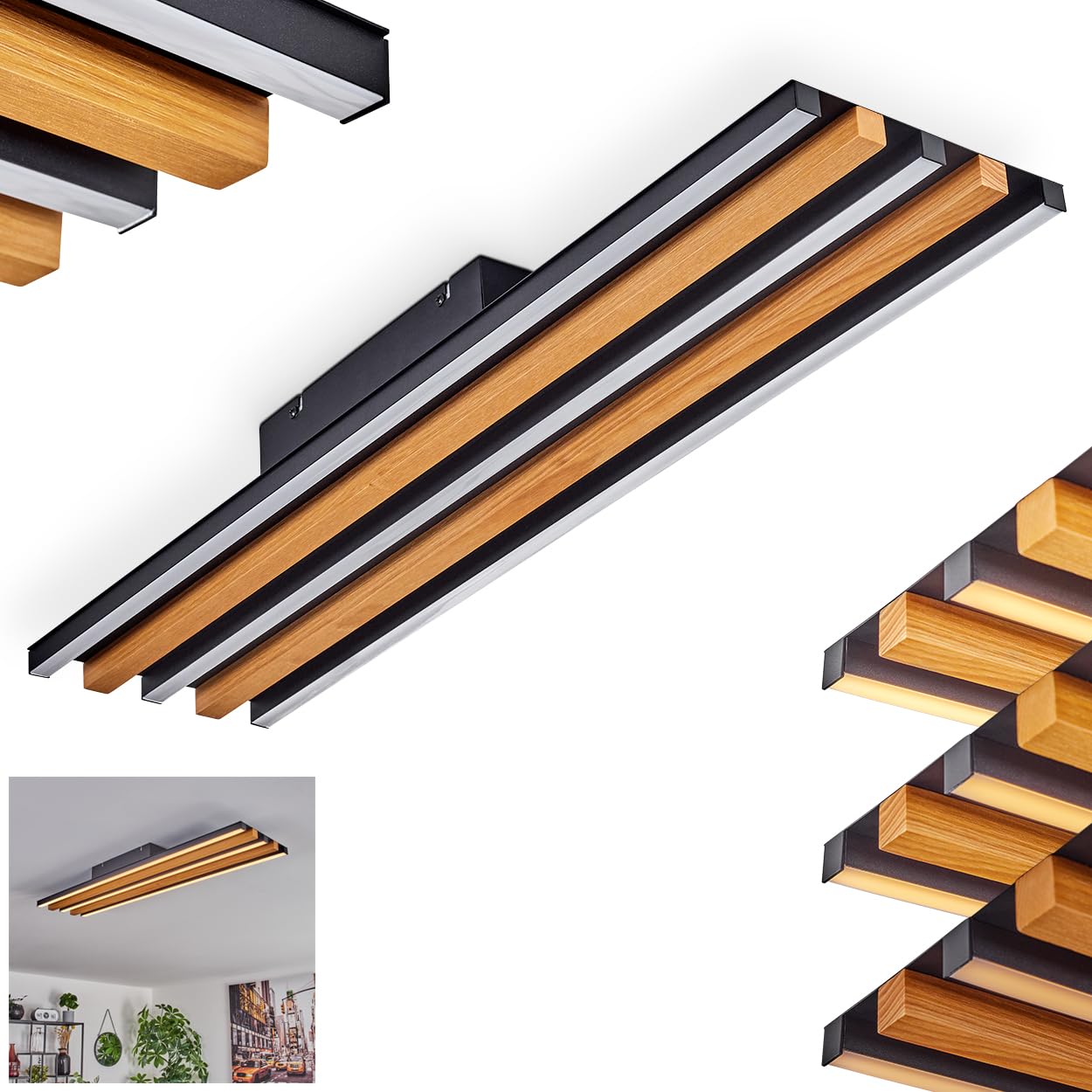 LED Ceiling Light Favorina, dimmable Ceiling Light Made of Metal/Wood/Plastic in Black/Natural/White, 37 watts, 4250 lumens, 3000 Kelvin, Length 121 cm, dimmable via Light Switch