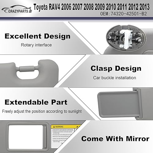 Miniatura 3 de Visera solar del lado izquierdo del conductor compatible con Toyota RAV4 2006 2007 2008 2009 2010 2011 2012 2013 con repuesto de luz 74320-42501-B2,
