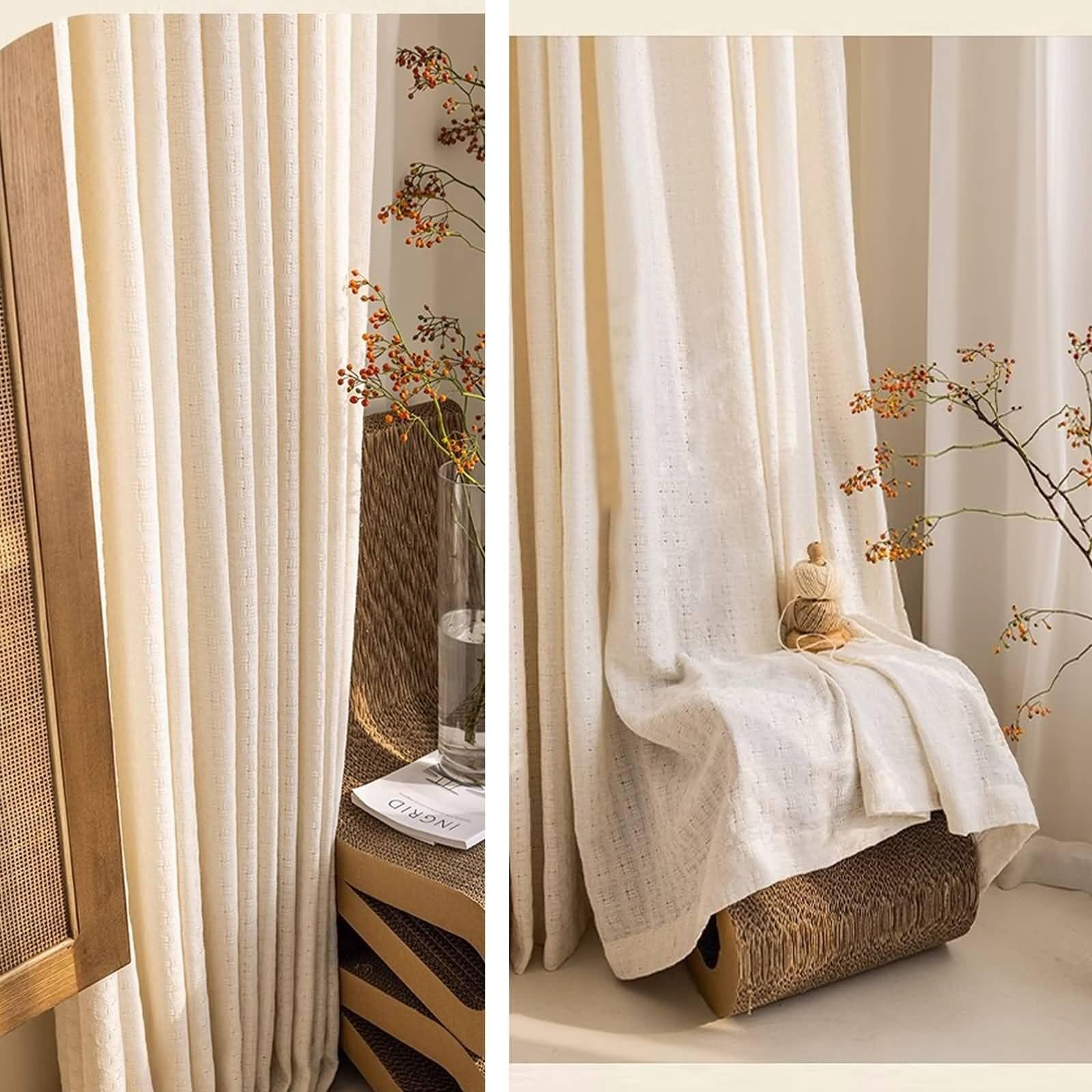 Rideau Fenêtre Semi Transparent 132x160, Rideaux Voilage pour Chambre Polyester Aspect Lin Gaufré Tissé, avec Crochet, Lot de 2