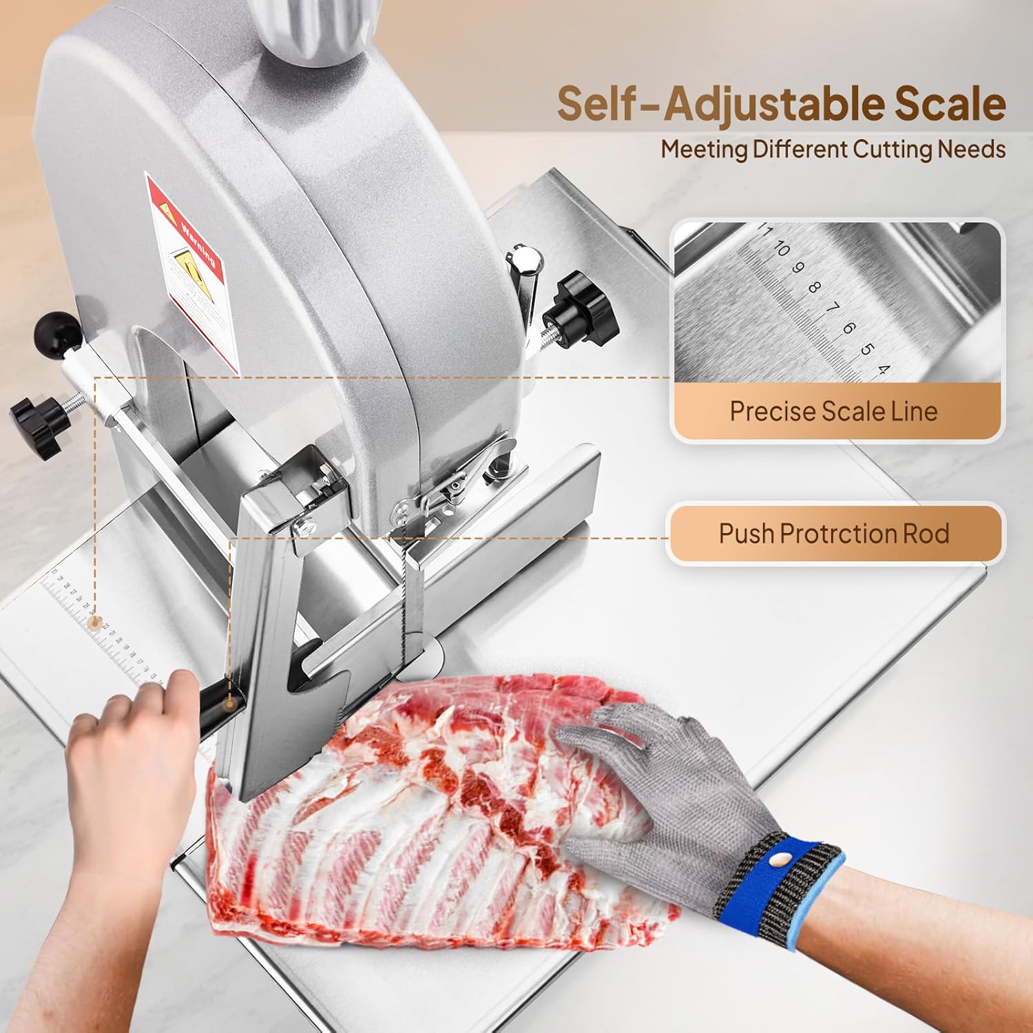 ROVSUN 1500W Electric Bone Saw Machine, 0.16-7.9Inch Cutting Thickness Frozen Meat Cutter with 6 Saw Blades, Commercial Bandsaw Machine Stainless Steel 19.4 x 15.2 In Table for Chicken Fish Beef
