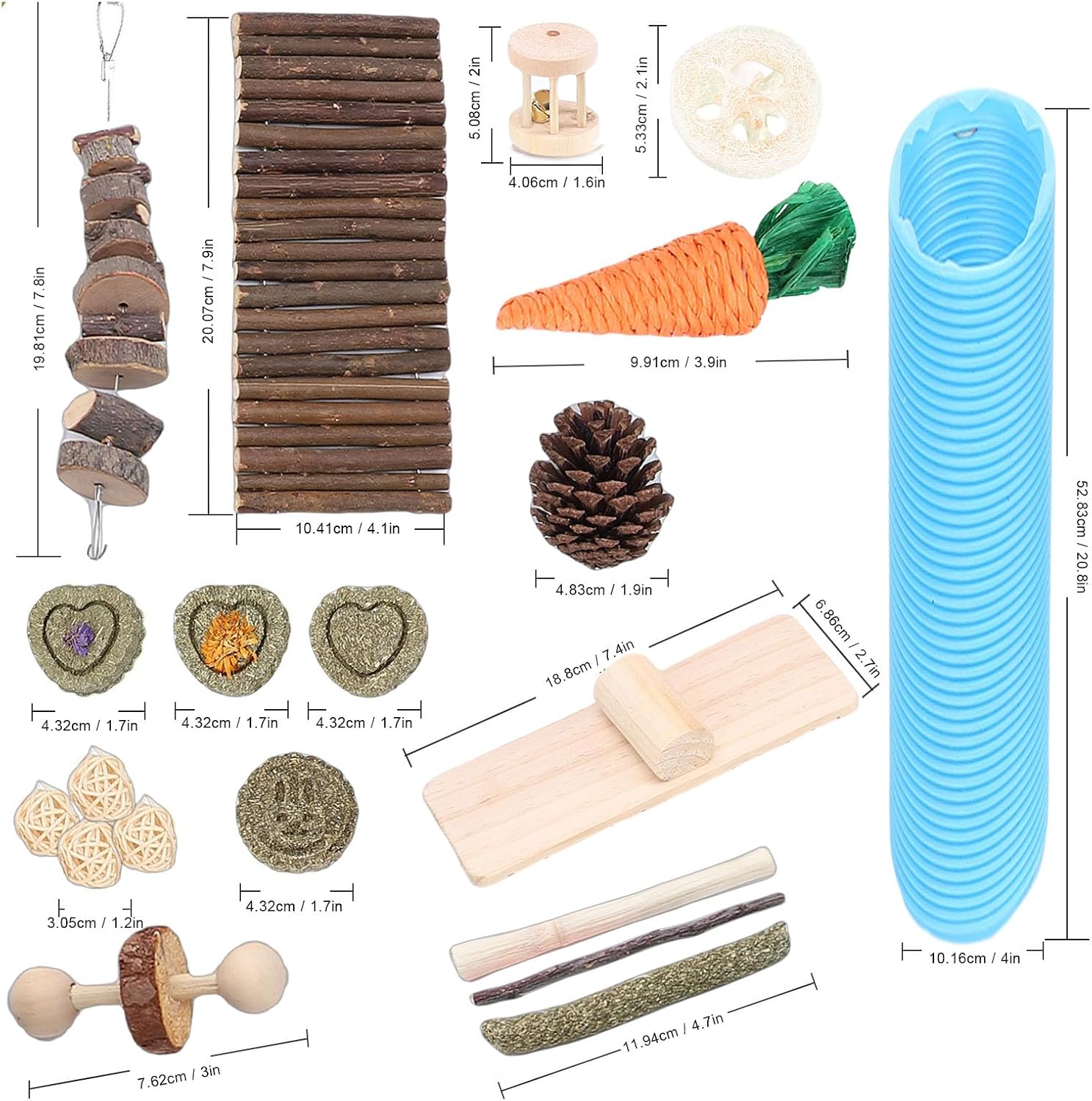 HEEPDD 10 in 1 Guinea Pig Chew Toys Set, Birch Wood Small Animal Enrichment Toys for Teeth Care with Tunnel, Running Wheel & Balls for Cage, Bunny, Chinchilla