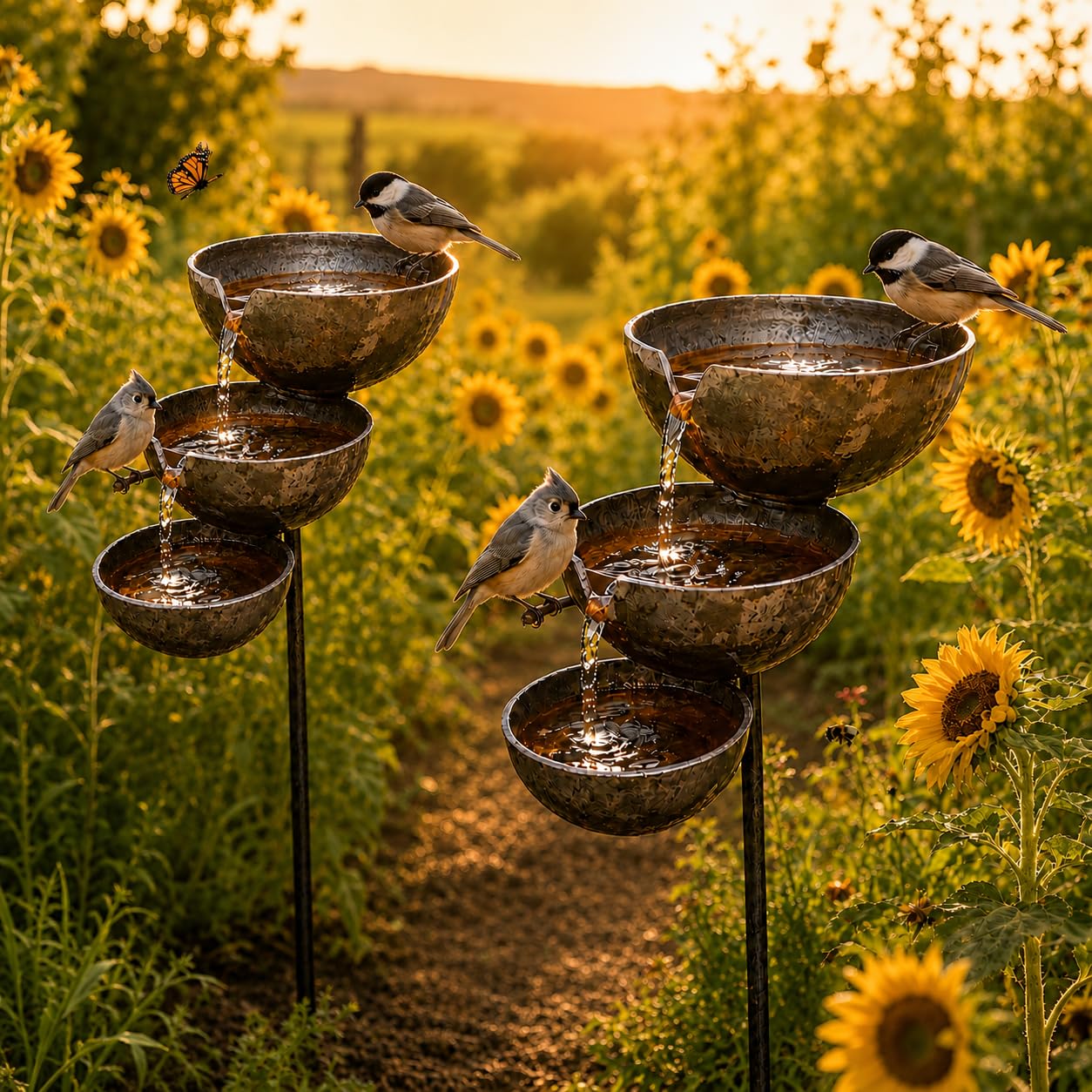 Bronze Rain Catcher Garden Stake, 68x12x5cm 3-Tier Metal Rain Catcher for Garden & Bee Watering Station, Decorative Wildlife Water Bowl, Small Bird Baths & Garden Ornaments for Outdoor，2PCS