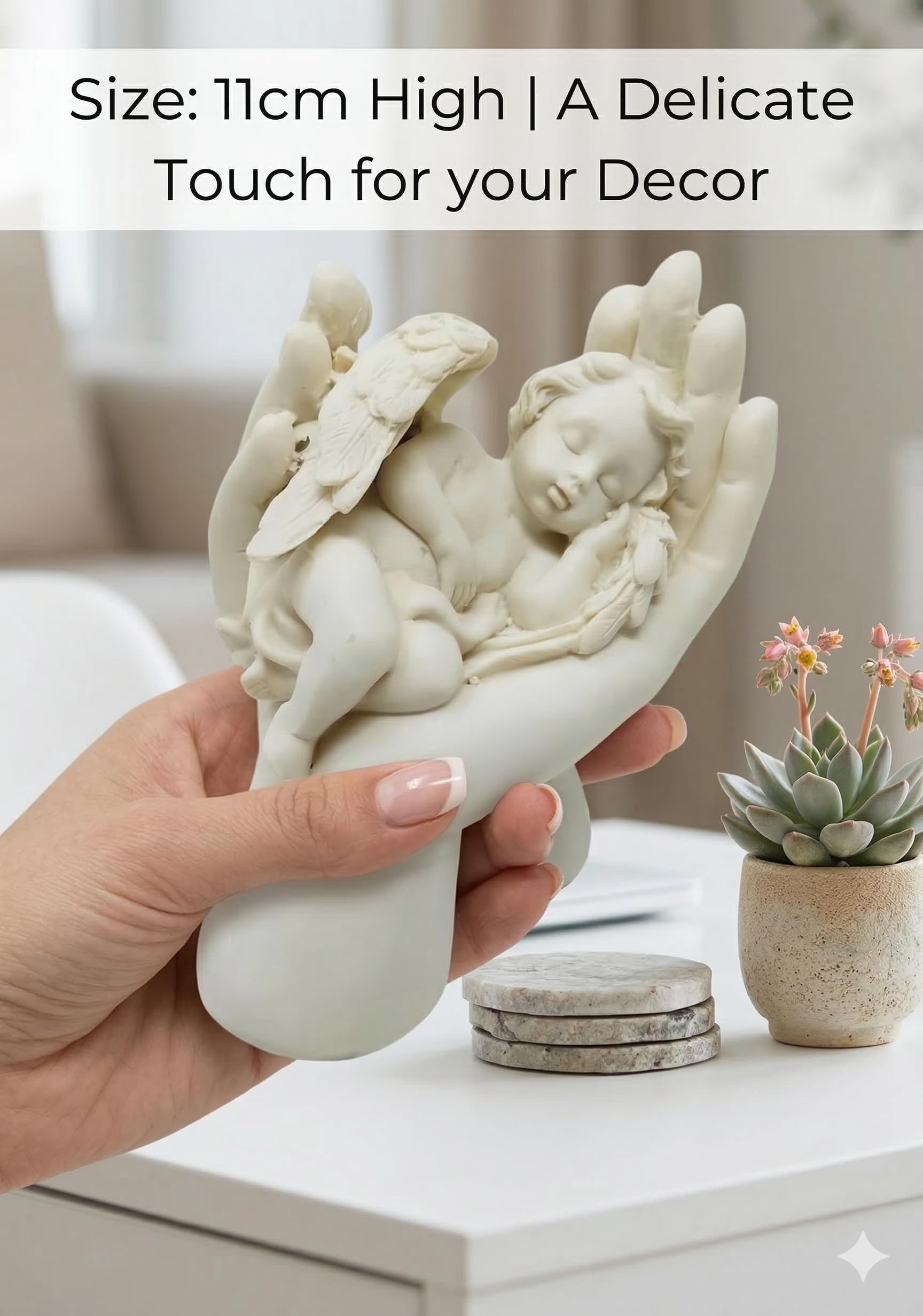 Adorno De Querubín Ángel Durmiente En Mano 11 Cm - Escultura De Resina Hecha A Mano Para Hogar, Jardín O Recordatorio Conmemorativo