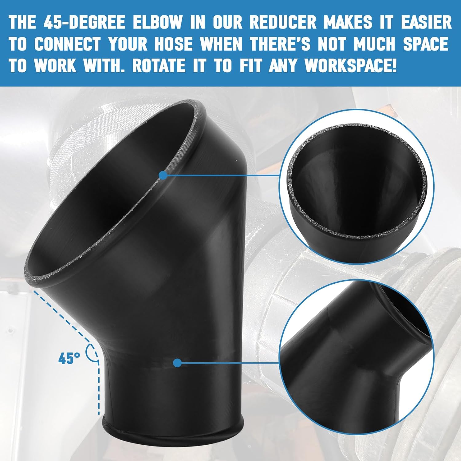 Angled Reducer 4” to 2-1/2”, Connect Shop Vac to Dust Collection Port (4in to 2.5in), Dust Collector 45 Degree Reducer, Attach Woodworking Dust Chute to Vacuum Hose, R4520 R4512