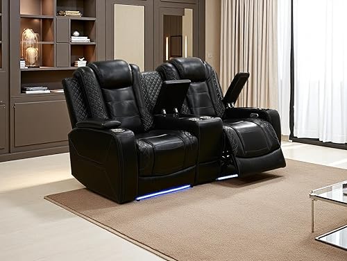 Miniatura 47 de Juego de sofá para sala de estar, sofá de dos plazas con consola de almacenamiento, portavasos, luz LED, puerto USB para apartamento, oficina