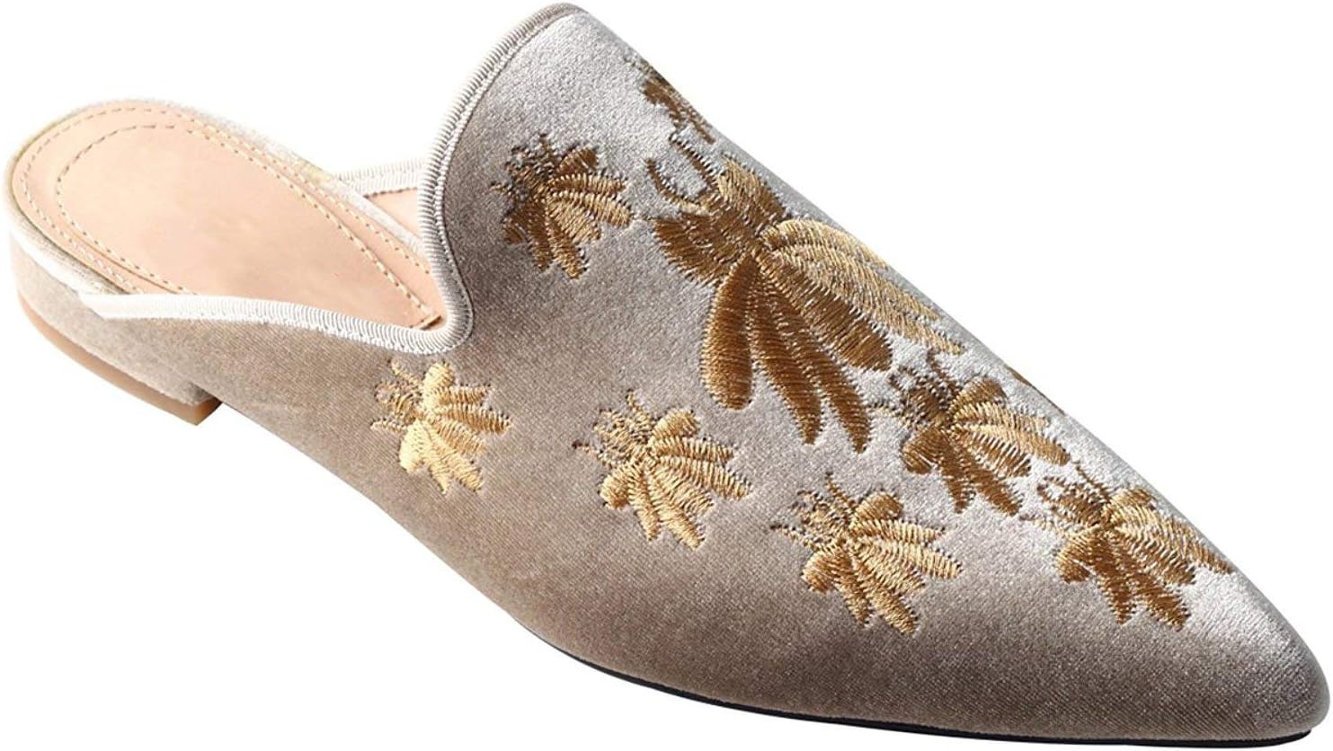 Fericzot Women's Velvet Backless Pointed Toe Slip On Loafers Flats Embroidery Mule Slippers Shoes - Image 4
