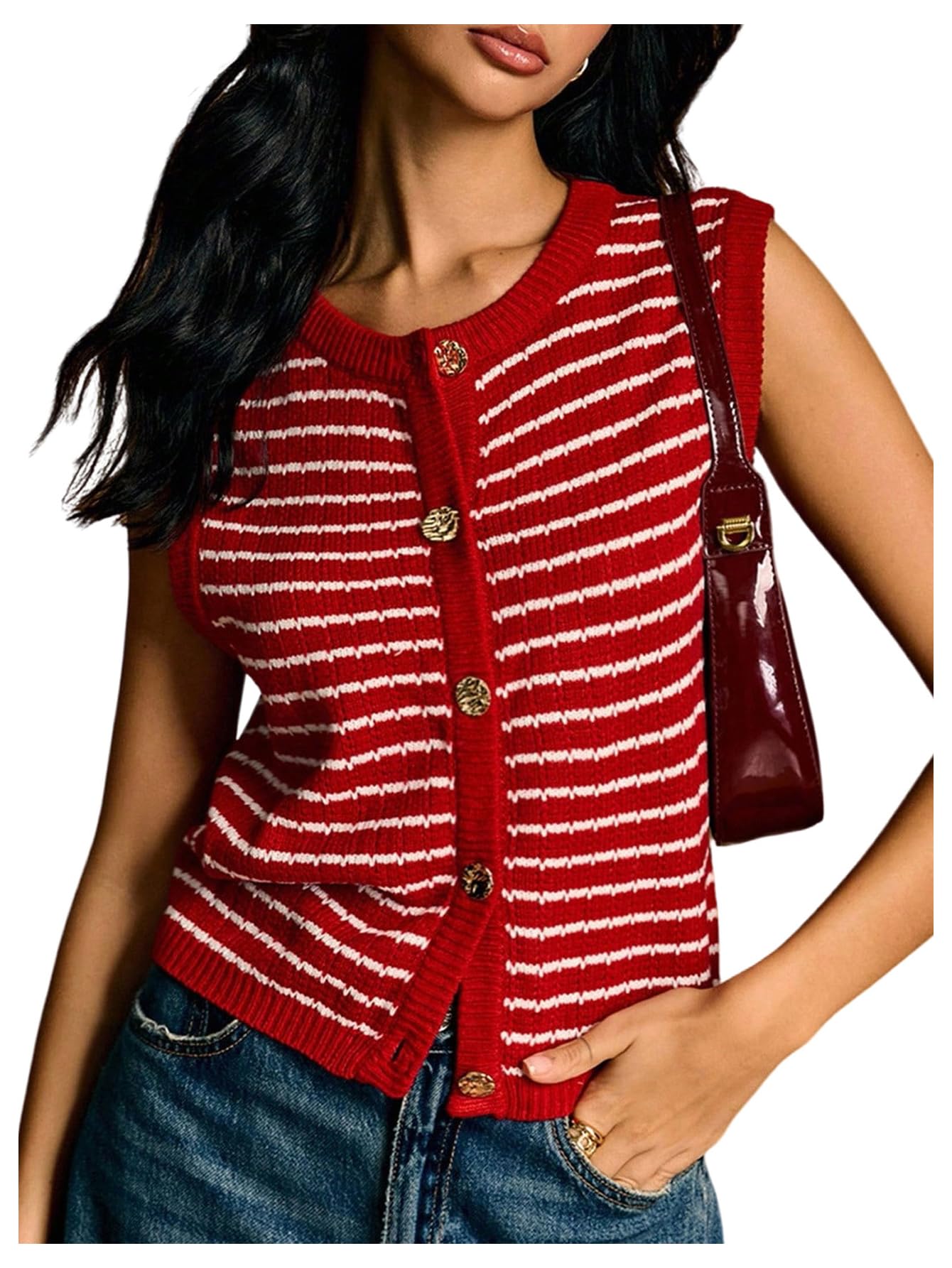 GORGLITTER Womens Striped Sweaters Vest Sleeveless Button Up Crewneck Knit Going Out Cardigan Tops