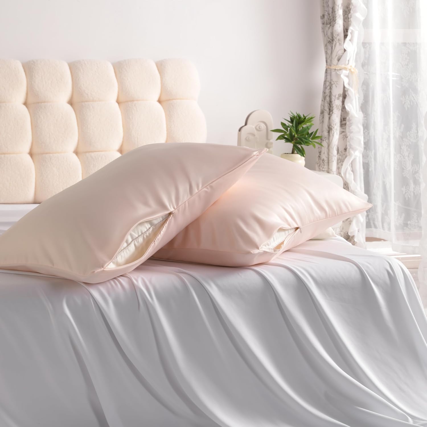 NTBAY Zippered Satin Pillow Cases for Hair and Skin, Luxury Queen Hidden Zipper Pillowcases Set of 12, 20x30 Inches, Pink