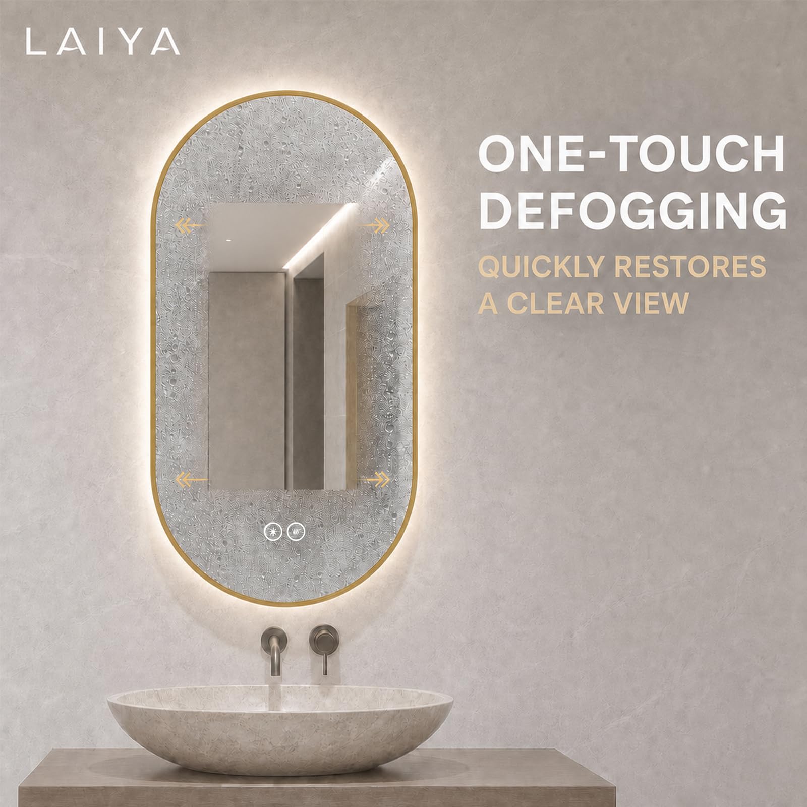 LAIYA Specchio da bagno ovale a LED, 33 x 20, cornice in alluminio dorato, retroilluminato, anti-appannamento, dimmerabile, funzione memoria