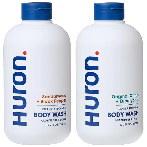 Huron Body Wash Scent Duo cítricos + eucalipto y sándalo + aromas de pimienta negra Gel de baño para hombre Hecho con aceite de coco, vitamina E