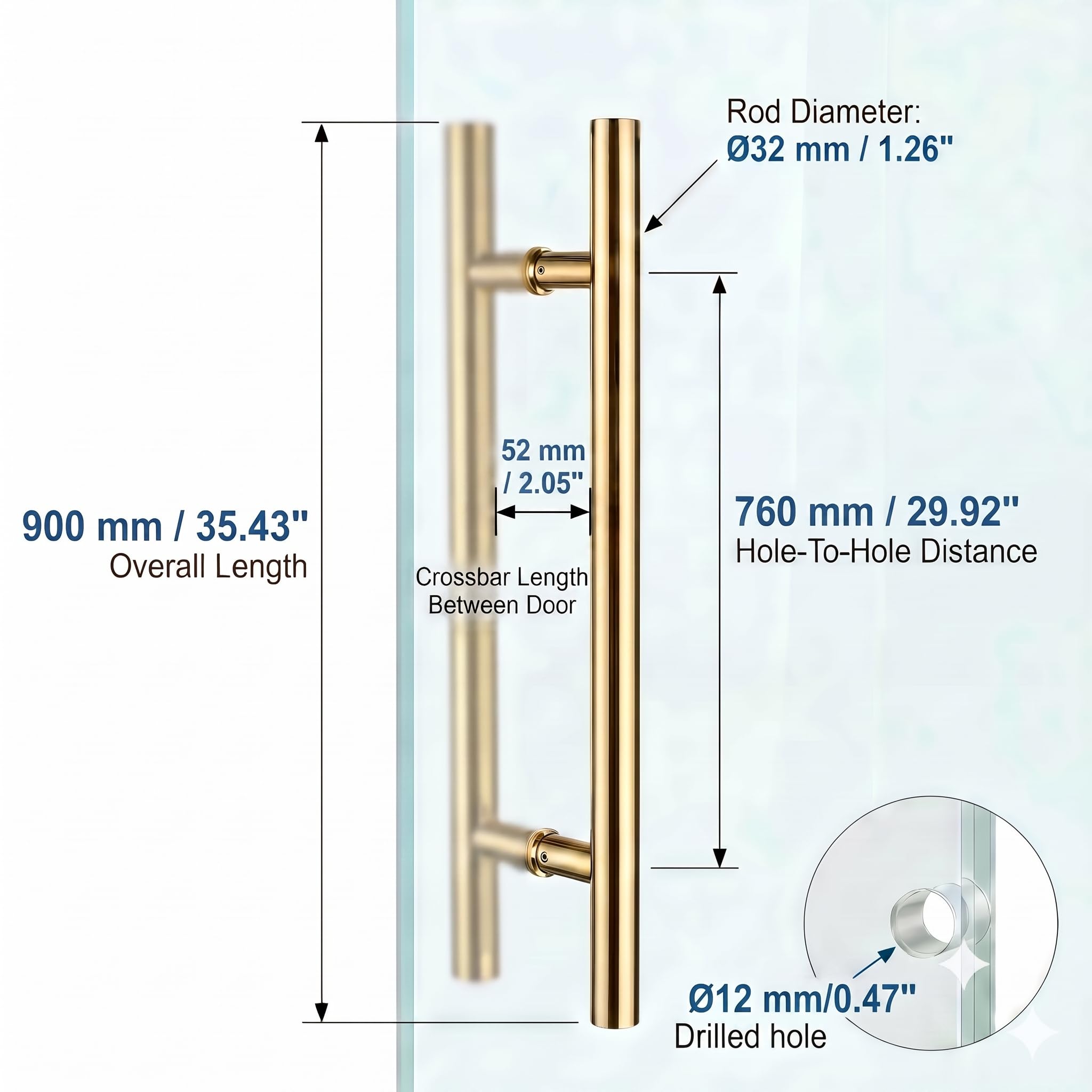 TOGU TG-6012 - Manijas sólidas de acero inoxidable SUS304 de 900 mm para puertas delanteras de madera, madera, vidrio y metal, acabado PVD