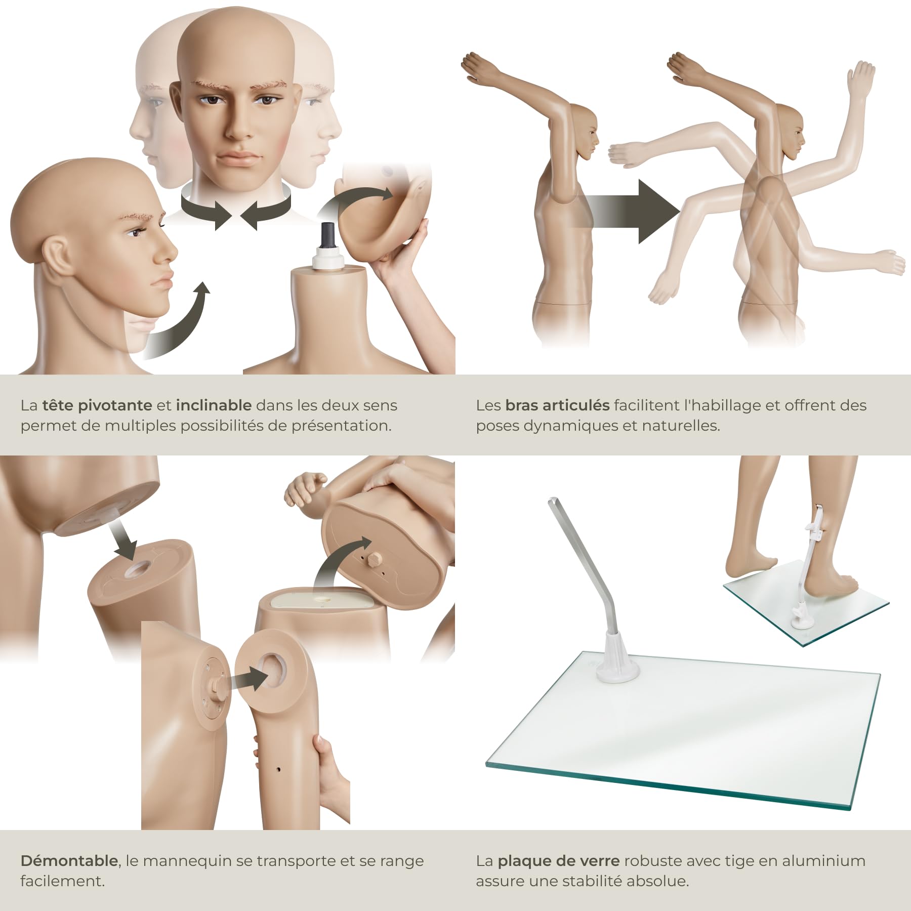 tectake® Mannequin de vitrine Mannequin Homme démontable | Pivotable et Mobile | Pied en Verre avec Attaches pour Les Mollets
