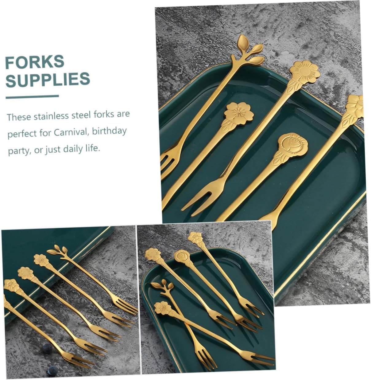 COLLBATH 10pcs Titanium Coated Two-tine Fruit Forks and Dessert Forks Set for Home Use Small for Cake Snacks and Fruit Serving