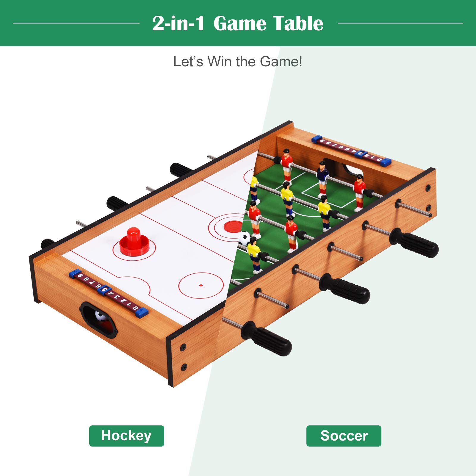 RELAX4LIFE 2 en 1 Mesa de Futbolín y Air Hockey con 2 Pelotas, 2 Discos, 2 Empujadores, 6 Asas, 18 Jugadores y 2 Marcadores, Futbolín para Niños y Adultos, Juegos de Mesa para Bar y Salón, 69x36x10cm