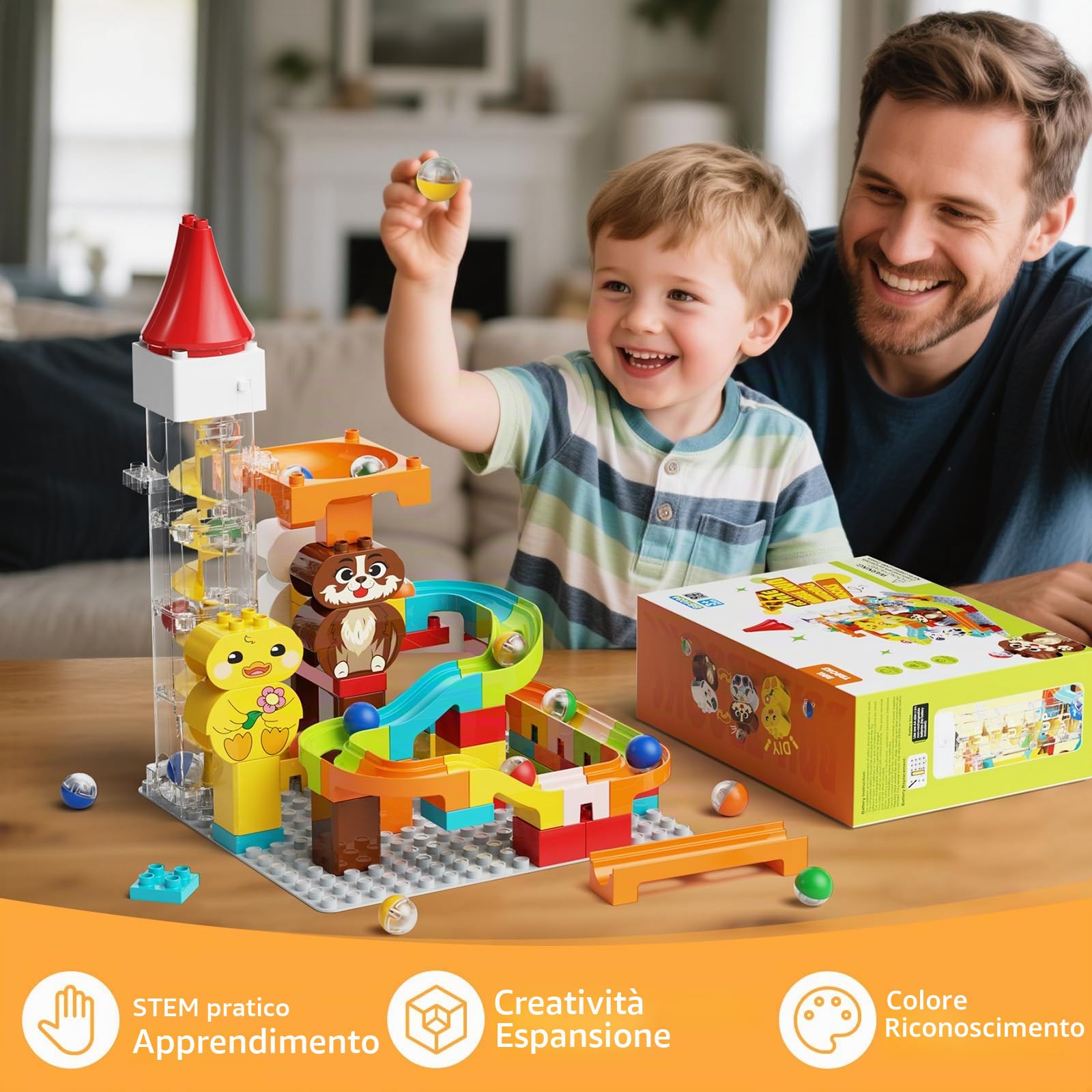 Pista di marmotta giocattolo con ascensore motorizzato - Kit di costruzione Perpetuum mobile STEM per bambini