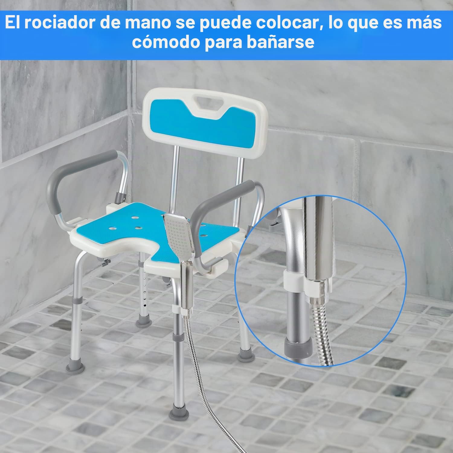 Silla de Ducha con Respaldo y Reposabrazos, Taburete de Baño, Taburete de Ducha Asiento de Ducha Regulable en Altura, Asiento de Baño de Aluminio para Personas Mayores, Antideslizante