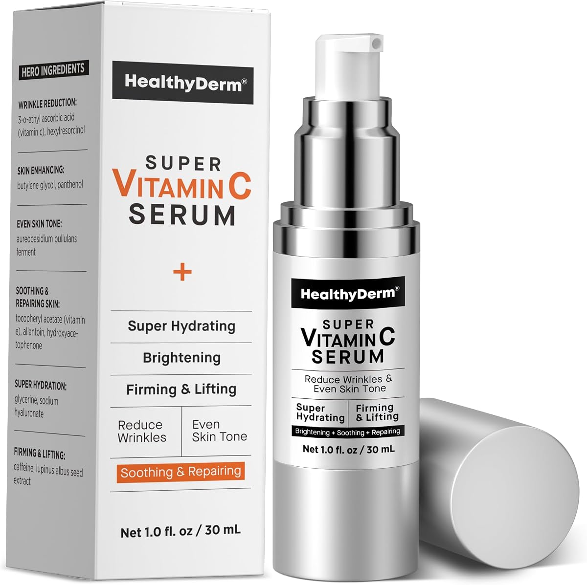 HealthyDerm Super Vitamin C Serum for Women Over 70: Niacinamide, Vitamin C, Hyaluronic Acid, Peptides, Vitamin E, Caffeine, Bakuchiol, Hydrating, Lifting, Face Wrinkle & Age Spots Reduction