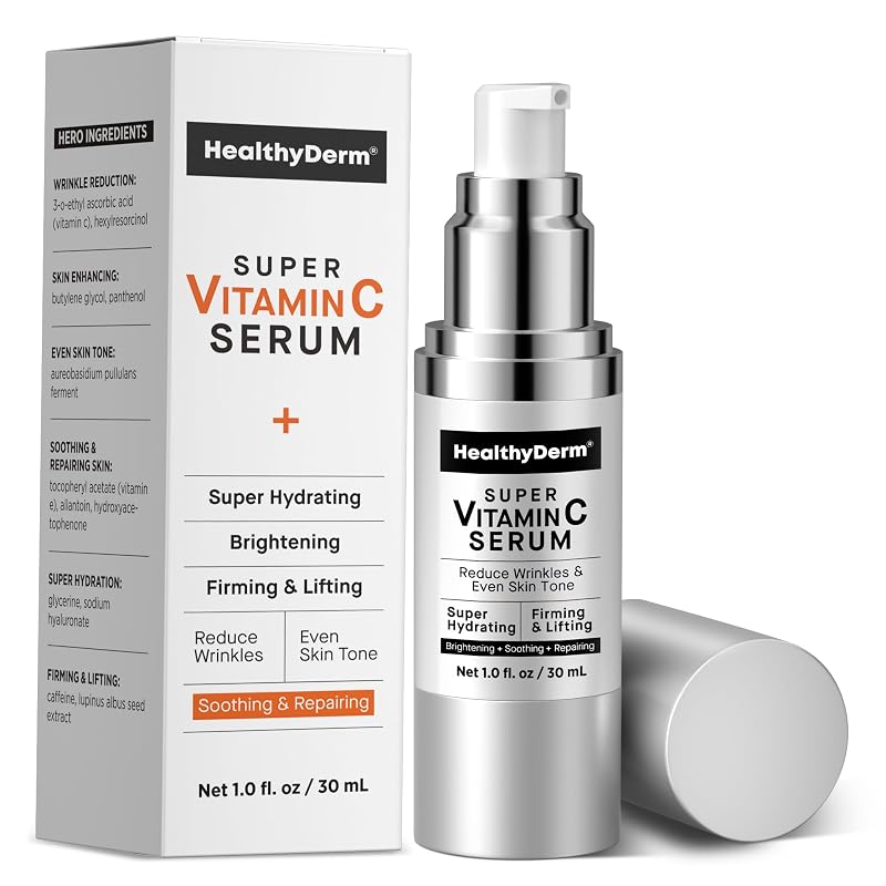 Sérum facial HealthyDerm com vitamina C, niacinamida, ácido hialurônico, peptídeos, vitamina E, cafeína e bakuchiol