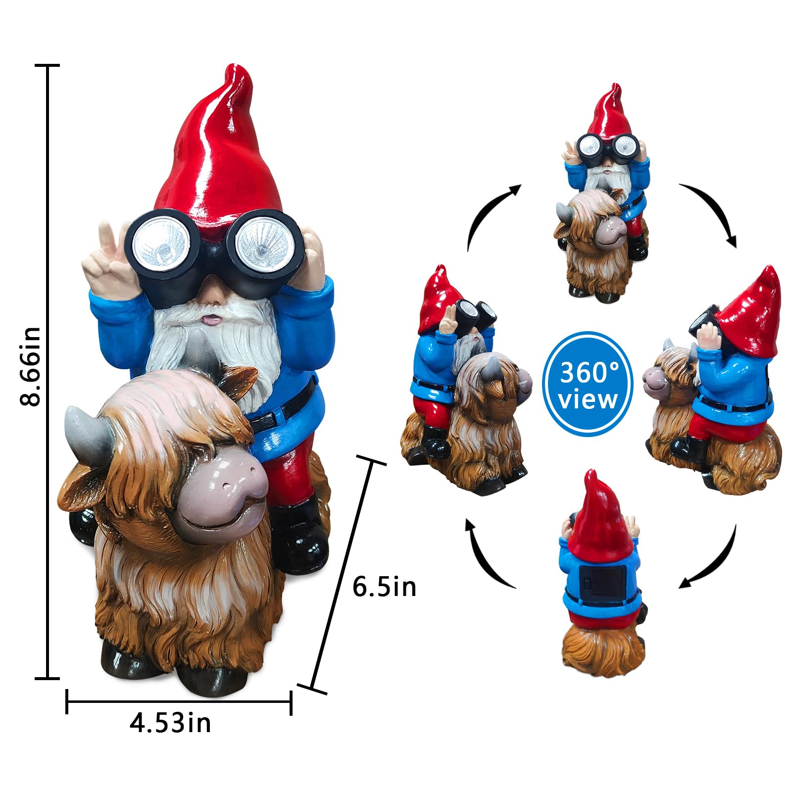 Vovkokc Solar Cow Gnomes Statue Garden Ornaments Outdoor Decorations Gnome Sitting on Highland Cow Solar Lights Binoculars Gnome Gifts for Yard Decor - Image 2