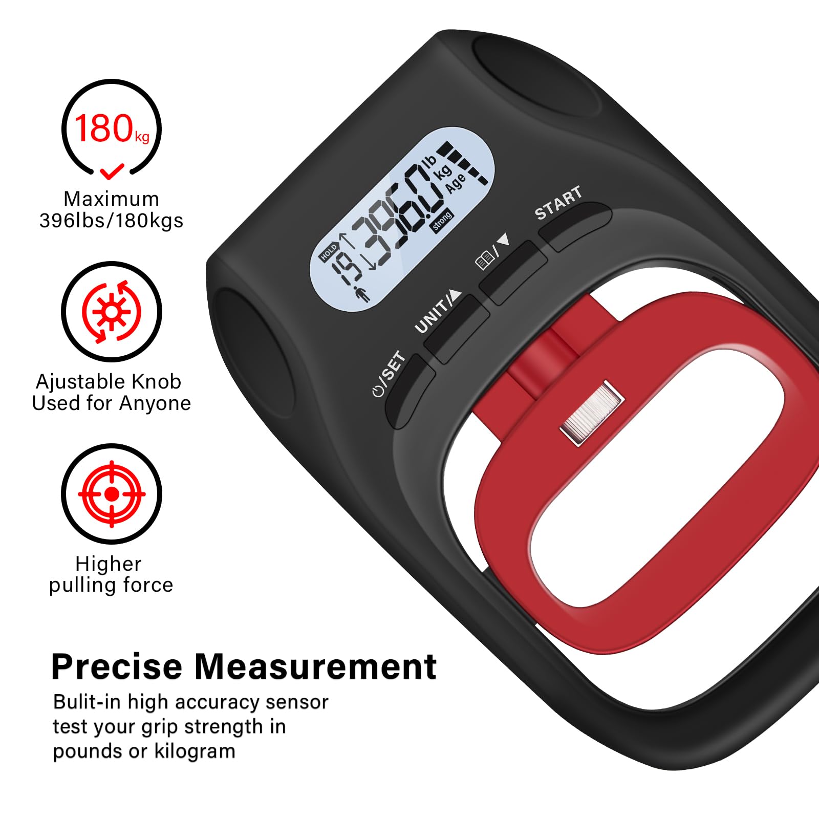 Medidor de Fuerza de Prensión JTHEW LCD, Sensor de Alta Precisión 180kg/400lbs, Entrenador Manual Ajustable Portátil para Recuperación Deportiva y Entrenamiento Clínico (Negro-Rojo).