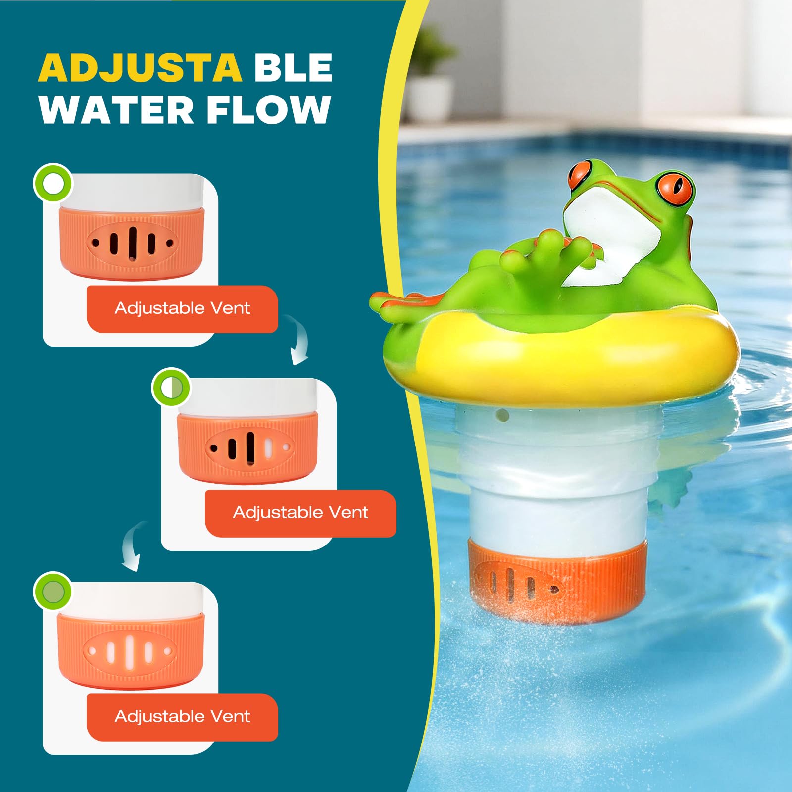 Frosch Pool Chlorschwimmer Verstellbarer schwimmender Chlorspender nur für 2,5 cm Tabletten, Faltbarer Pool-Chemikalienspender für Schwimmbäder, Spas, Whirlpools, heiße Quellen & Wasserparks