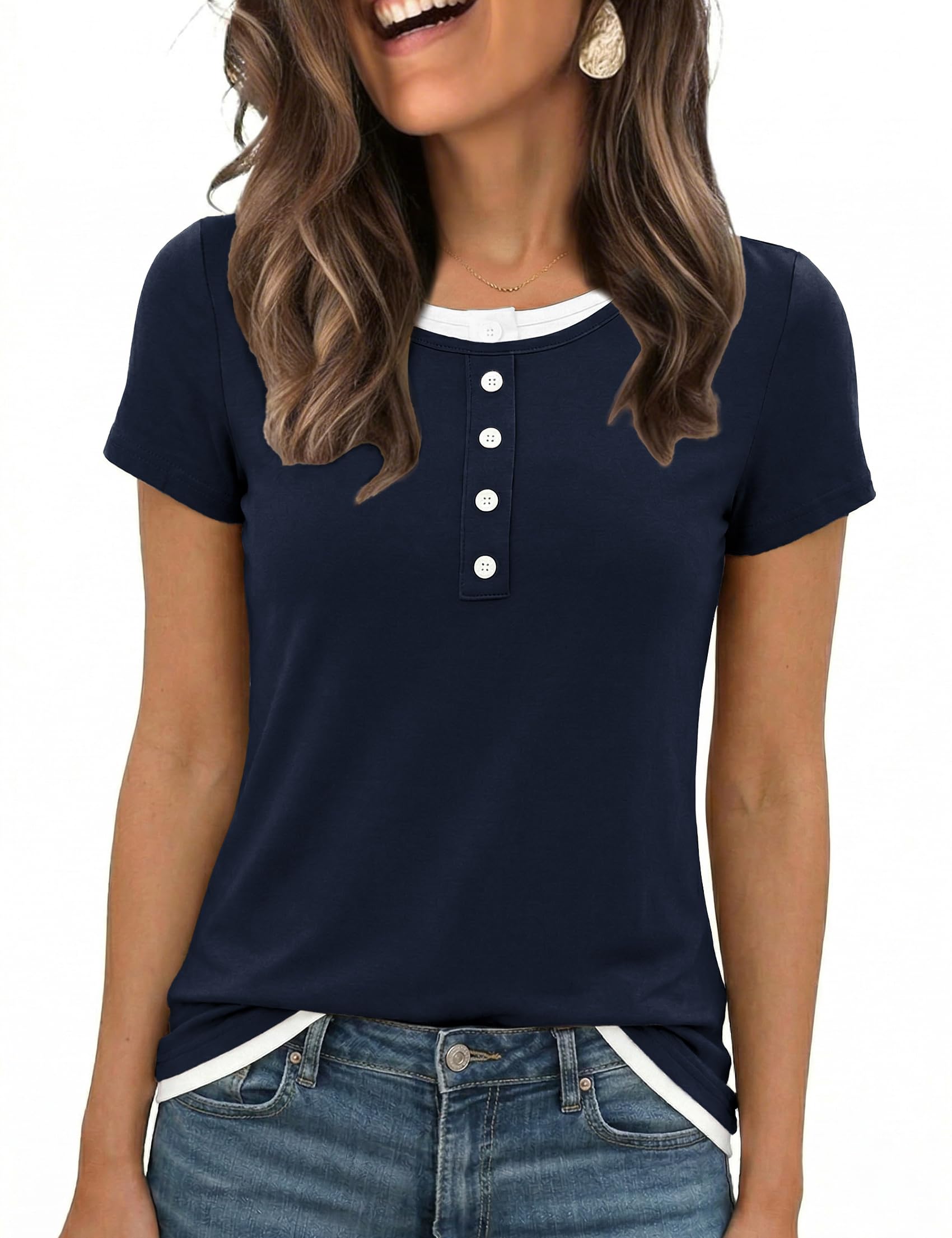 Wayleb Tshirt Damen Sommer Kurzarm Rundhals T-Shirt Casual Leicht Oberteile Top mit Zierknöpfen Regular Fit S-XXL