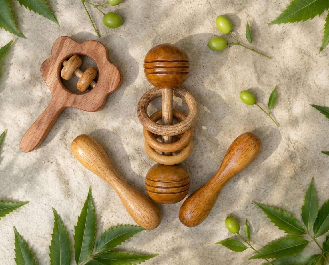 Wooden neem Teether Set, Natural Wood, Baby Rattle with Rings, Teething Toy for Infants-image-36