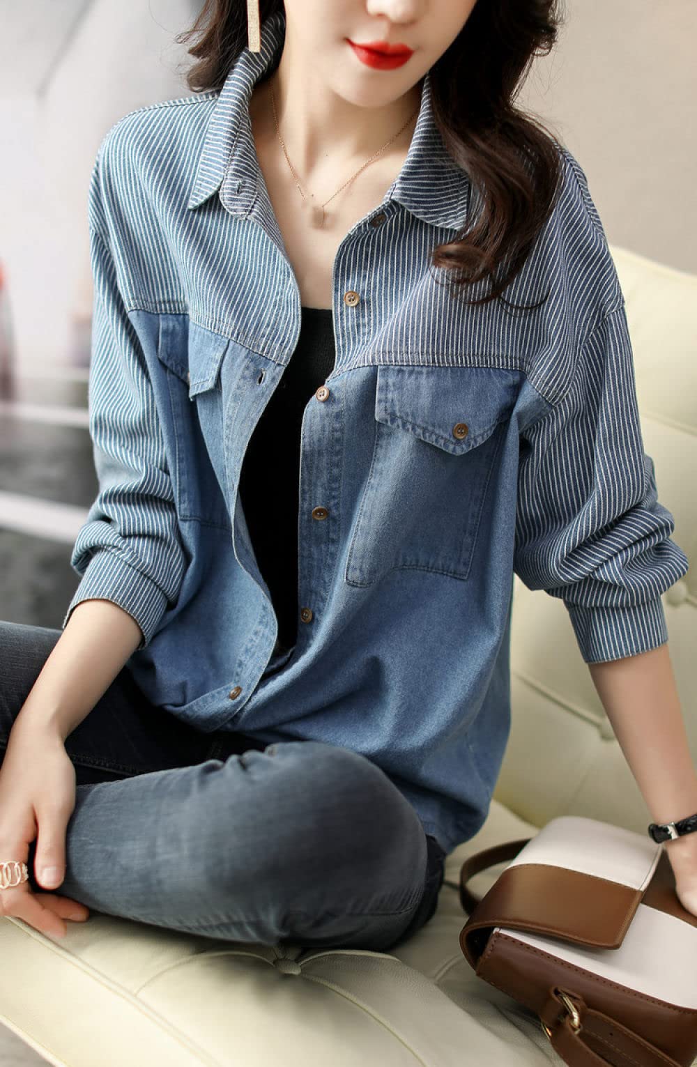 Bluse Damen Elegant，Damen Denim Hemdjacke Lässig Modern Gestreift Patchwork Tunika Hemd Jeanshemd V-Ausschnitt Revers Businesshemd Langarm Knopf Übergangsjacke für Mädchen
