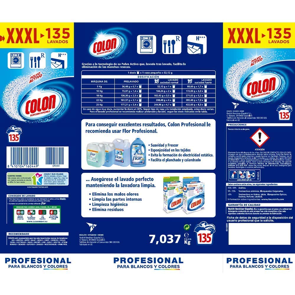 Colon Polvo Activo - Detergente para lavadora, adecuado para ropa blanca y de color, formato polvo - 135 dosis, 7.037 kg (Paquete de 3)