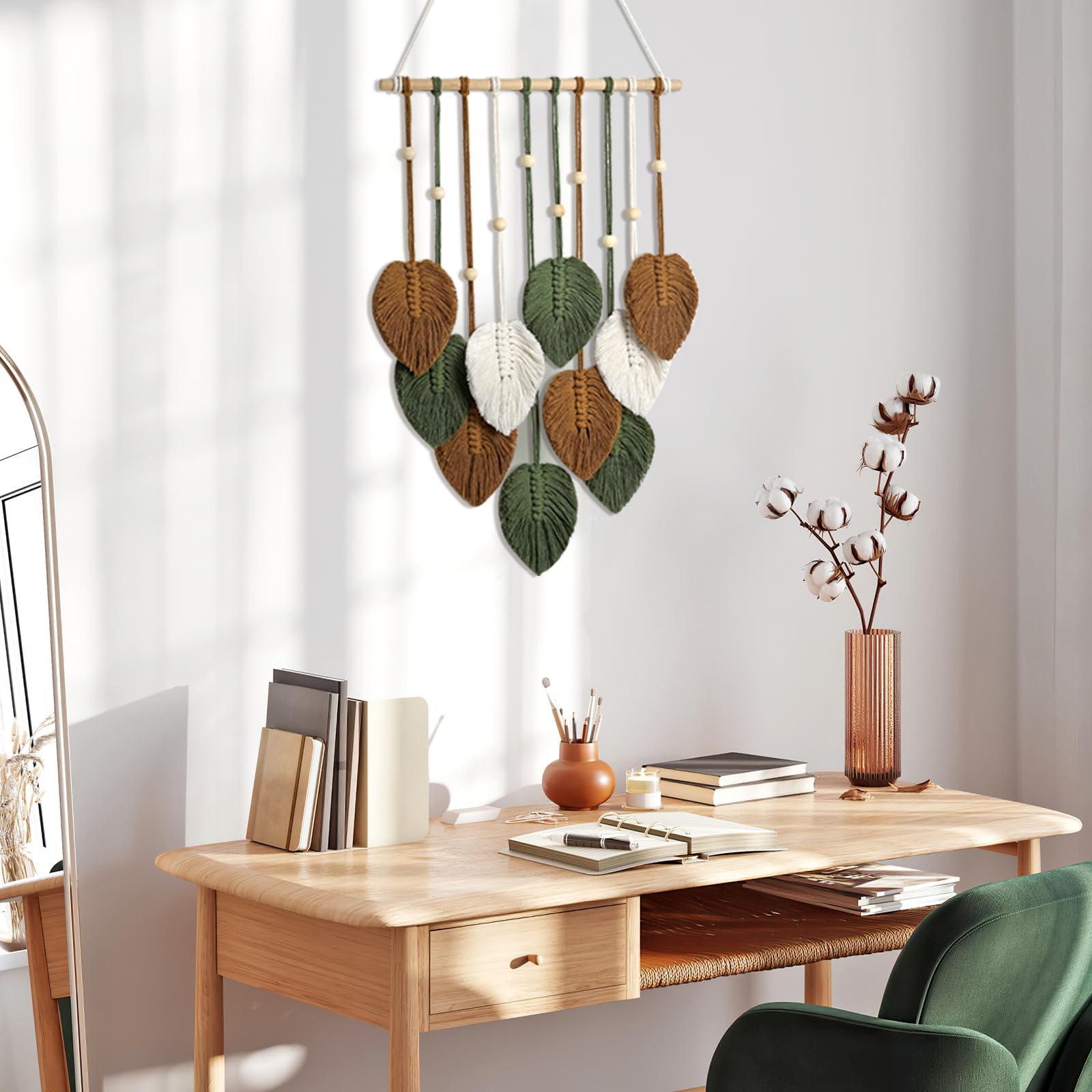 Macramé muurdecoratie, boho-muurdecoratie, geweven wandtapijt, macramé blad, opknoping, macramé blad, unieke boho macramé tapijtwerk veren voor buiten, binnen, woonkamer, slaapkamer (groen Macramé muurdecoratie, boho-muurdecoratie, geweven wandtapijt, macramé blad, opknoping, macramé blad, unieke boho macramé tapijtwerk veren voor buiten, binnen, woonkamer, slaapkamer (groen