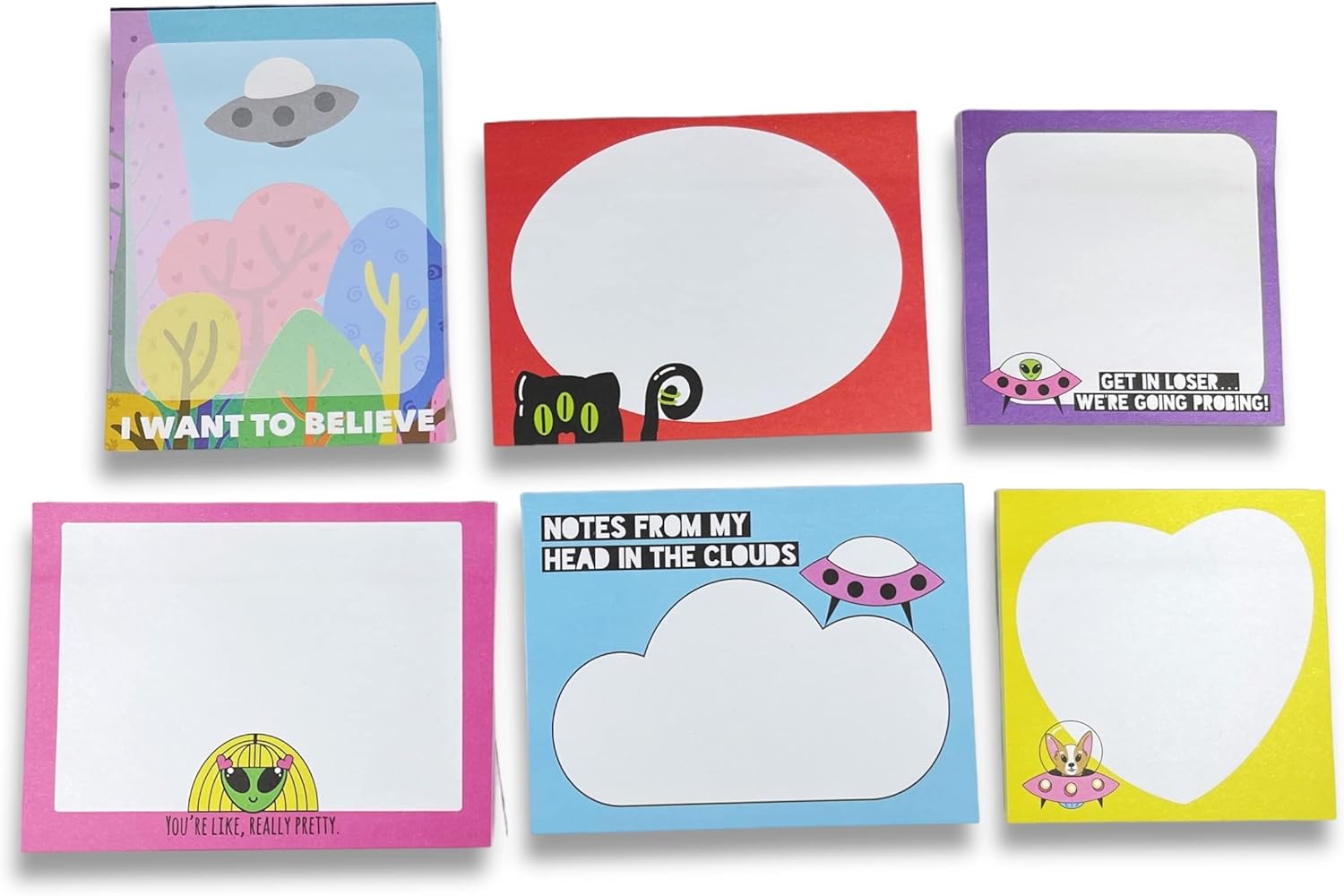 Alien Post it Notes Set of 6 UFO Alien Notepads Cute Funny Stationary