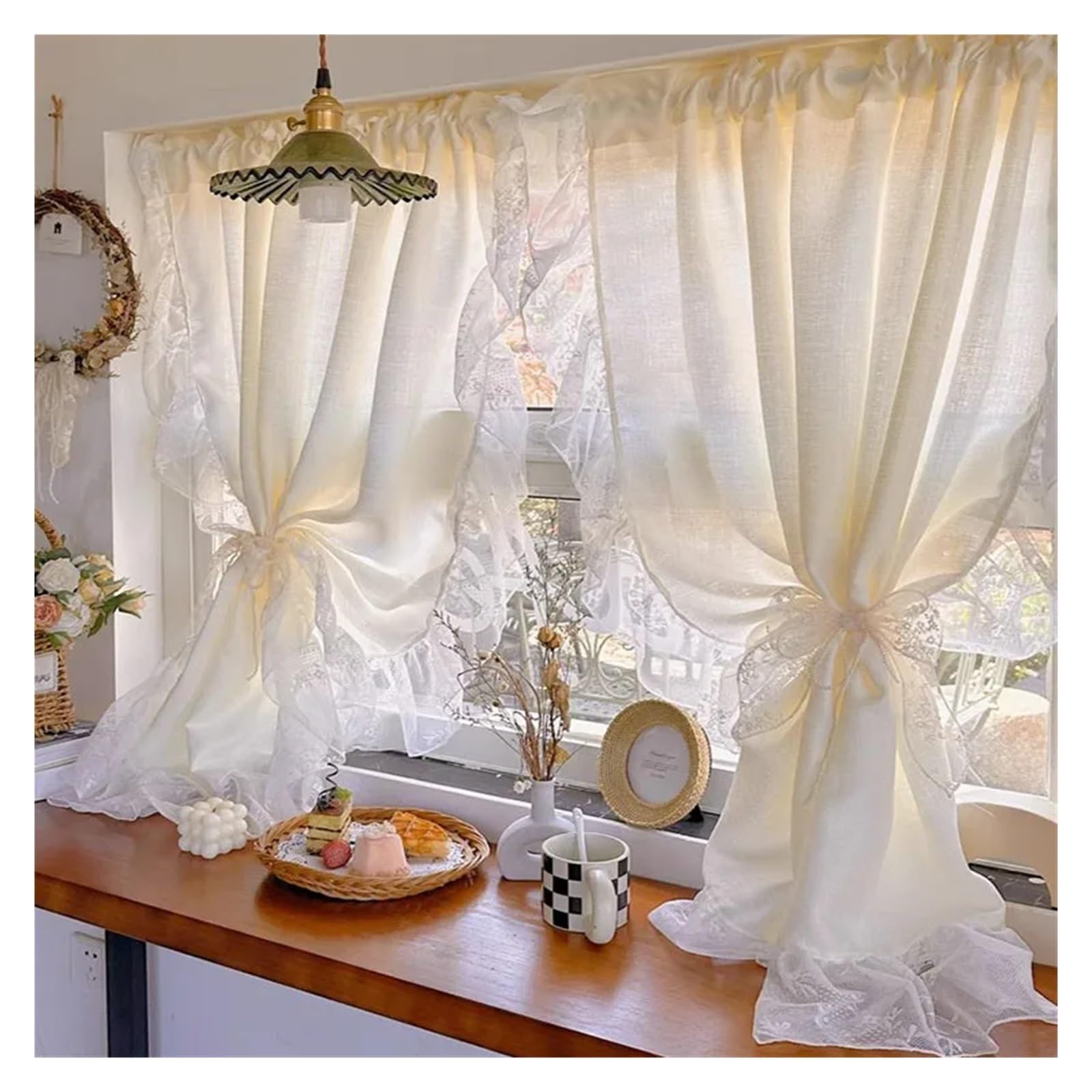 DFGRGRV Ruffle Curtains French Cream Style Ruffled Lace Tulle Curtains Light Yellow Romantic Short Sheer Curtain For Living Room Bedroom Glass Door(W200cm x H270cm)