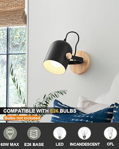Miniatura 2 de BinoBro Aplique de pared moderno negro, luces de pared de madera giratorias, apliques de tocador de baño con pantalla blanca mate, adecuado para