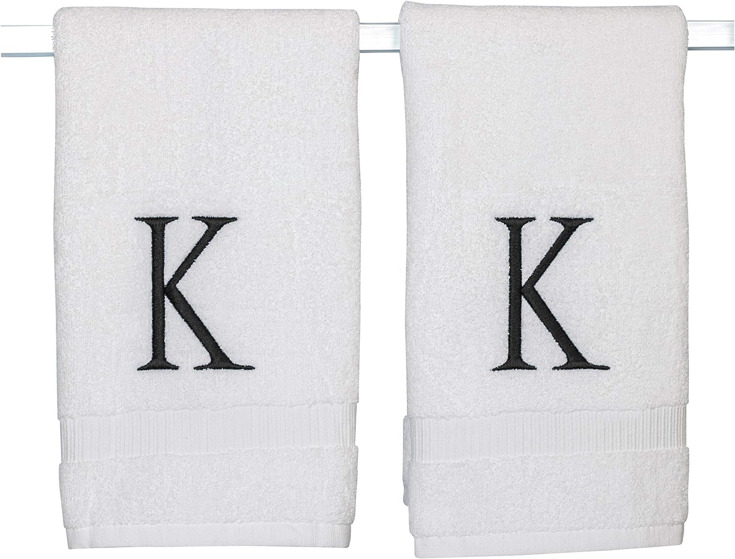 Black Monogrammed Bathroom Hand Towel - Black & White Luxury Hotel Quality Personalized Initial Decorative Embroidered Towel for Powder Room, Spa - GOTS Organic Certified - Set of 2 Letter K