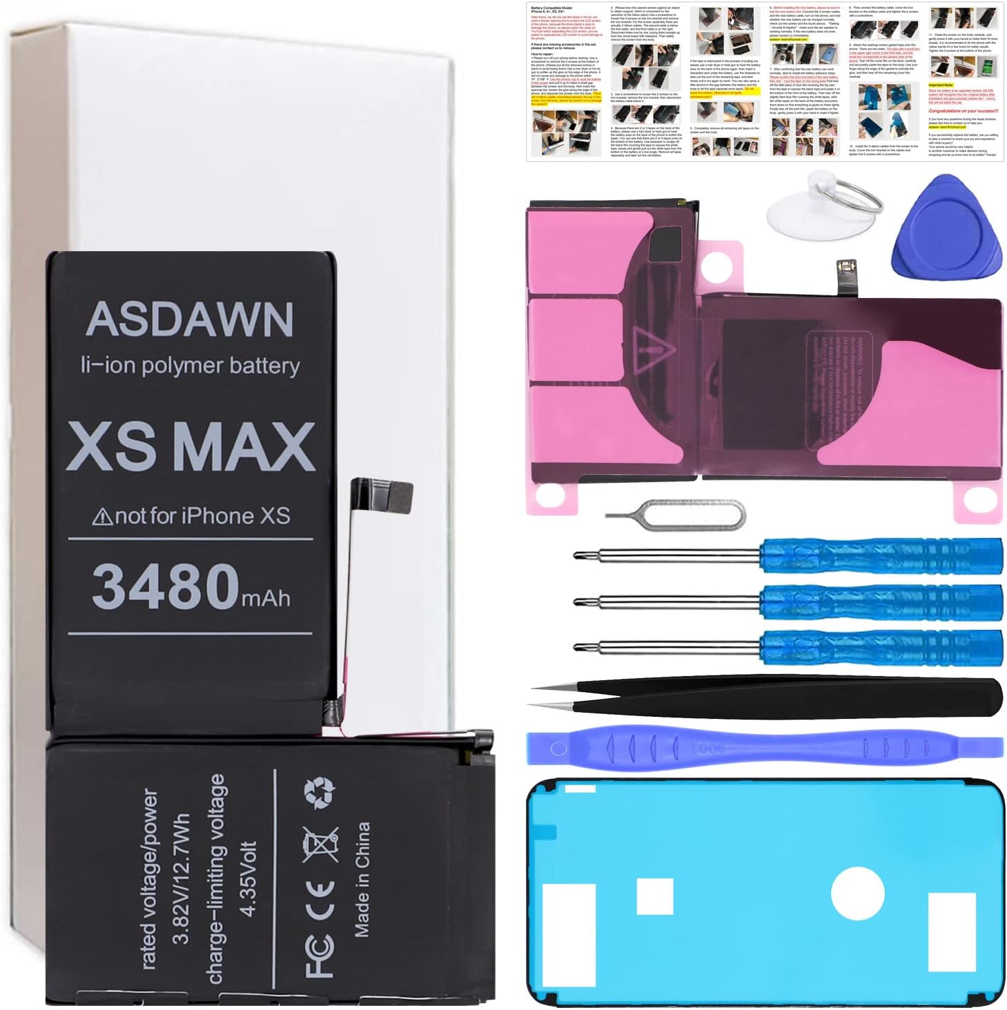 ASDAWN 3480mAh Battery for iPhone Xs Max (Not for X/XR/XS), Upgraded Higher Capacity iPhone Xs Max Battery Replacement for A1921 A2101 A2102 A2104 with Professional Tools + Installation Instruction