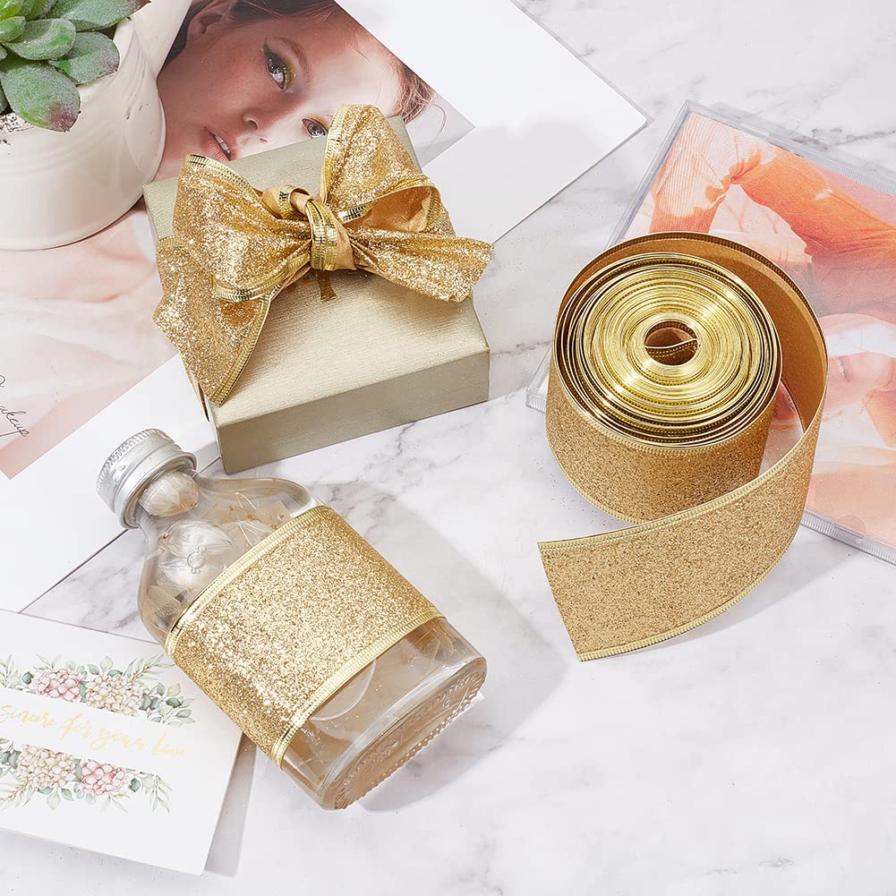 Lystaii Christmas Glitter Wired Ribbon 11 Yards Shimmer Christmas Ribbon With Gold Wired Edge Metallic Gift Wrapping Ribbons For Xmas Wreath Tree Party Home Wedding Festival DIY (2 Inch, Gold