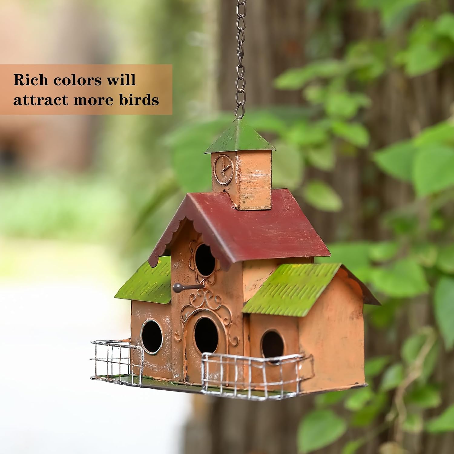 Large Bird Houses for Outside Hanging, 4 Hole Outdoor Bird House with Clock Tower, Easy Clear, Metal Bird Houses for Outside with Perches.