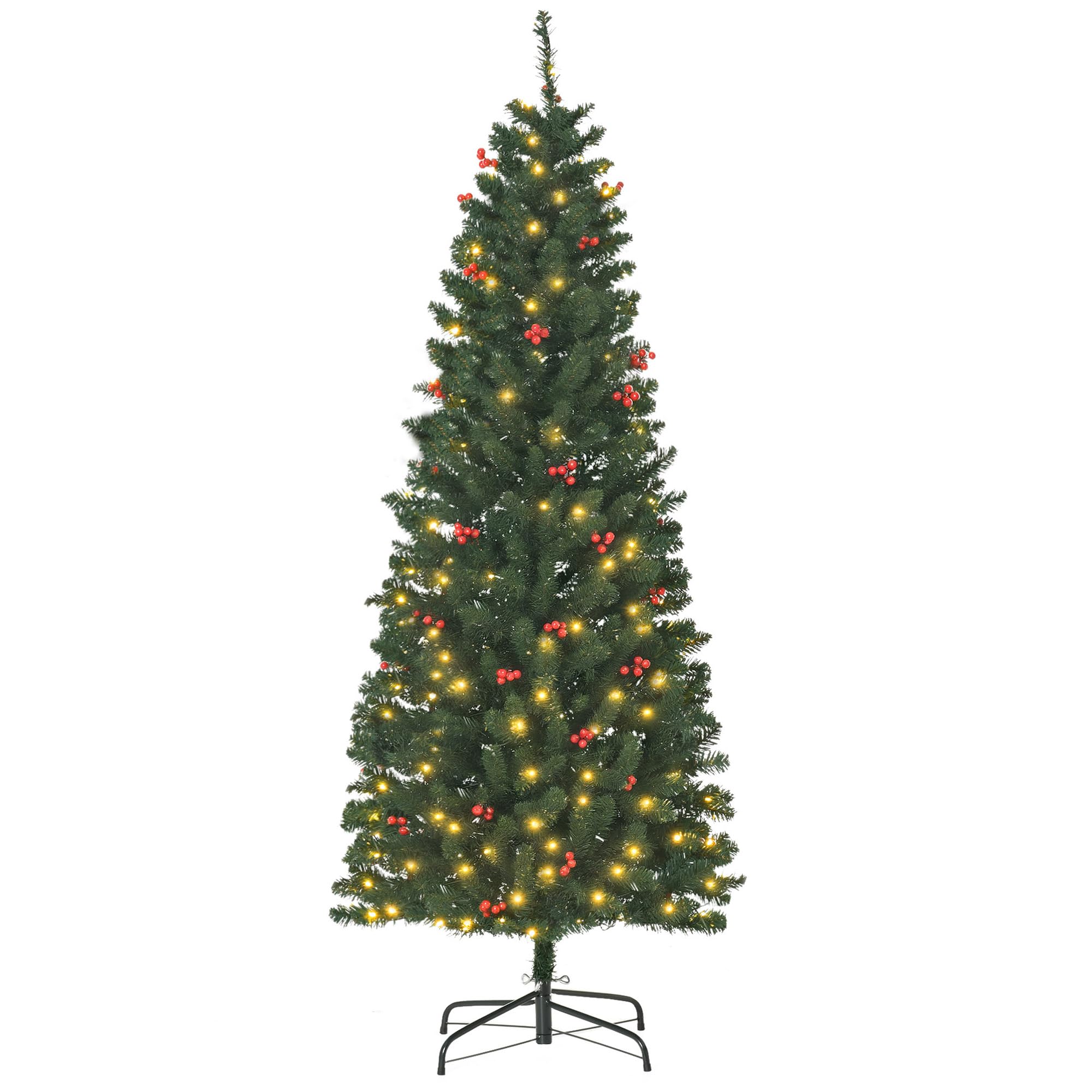 Homcom Unisex Green Artificial Pencil Christmas Tree With Led Light Berry Xmas Decor In 6Ft